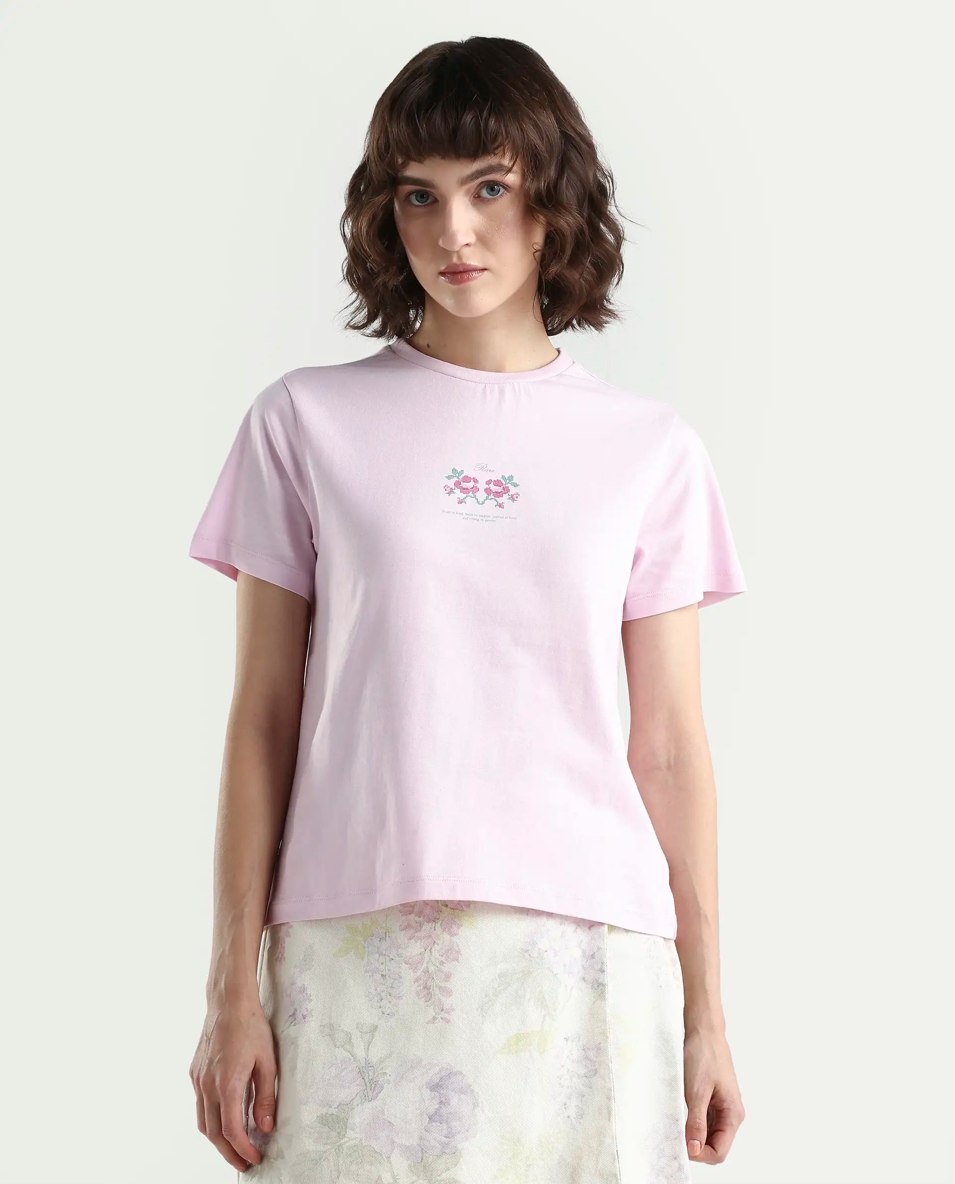Rareism Women's Zarper Light Pink Cotton Half Sleeve Regular Fit Floral Print T-Shirt
