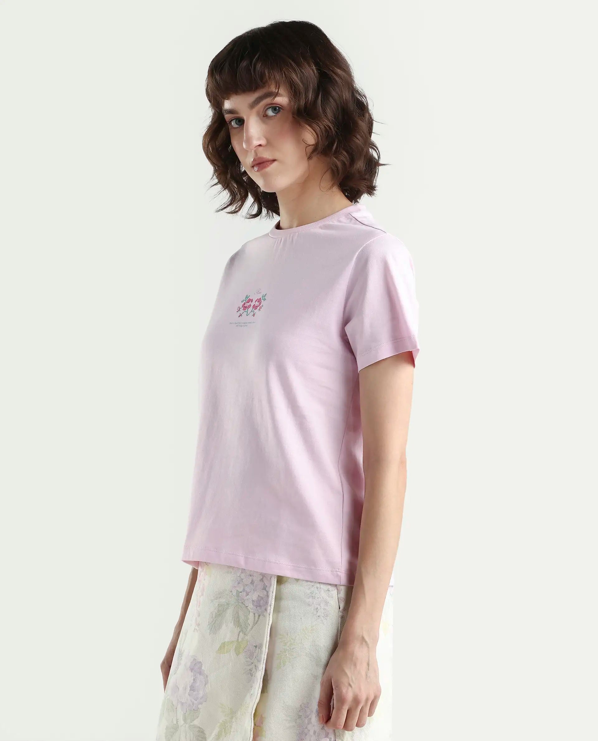 Rareism Women's Zarper Light Pink Cotton Half Sleeve Regular Fit Floral Print T-Shirt