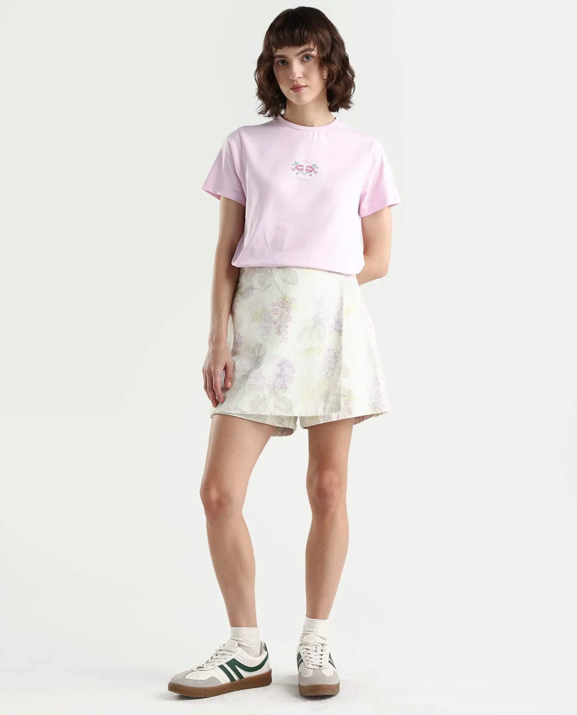 Rareism Women's Zarper Light Pink Cotton Half Sleeve Regular Fit Floral Print T-Shirt