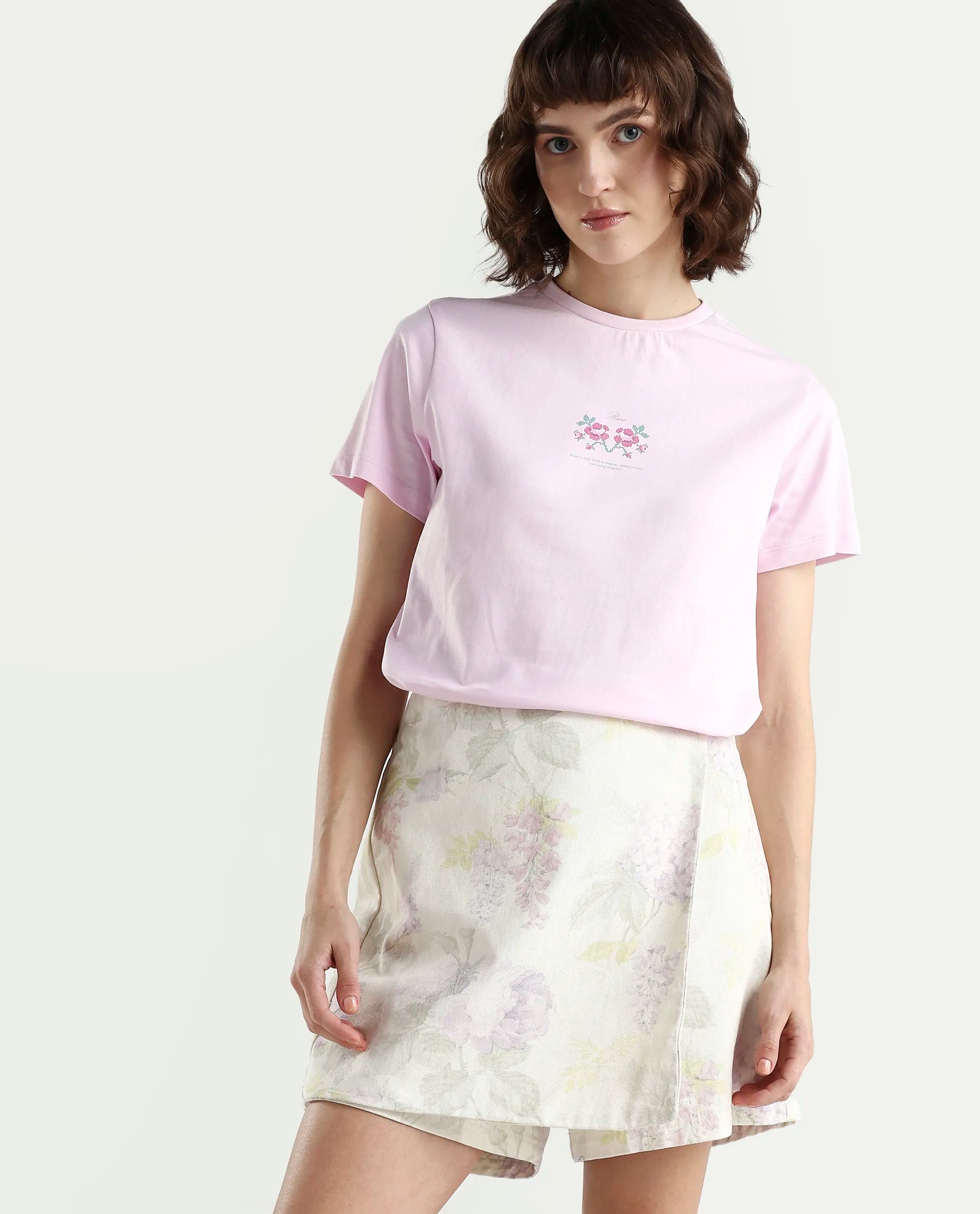 Rareism Women's Zarper Light Pink Cotton Half Sleeve Regular Fit Floral Print T-Shirt