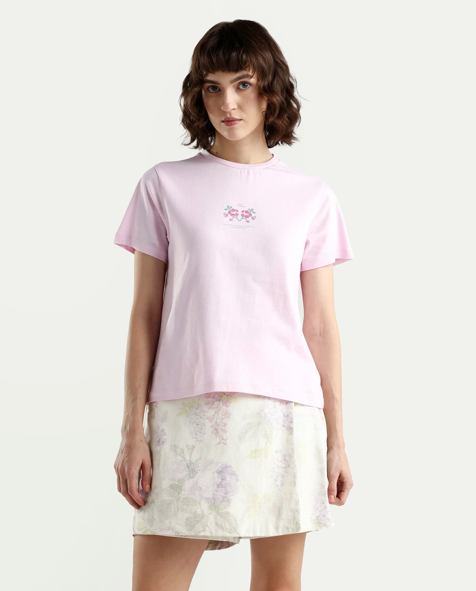 Rareism Women's Zarper Light Pink Cotton Half Sleeve Regular Fit Floral Print T-Shirt