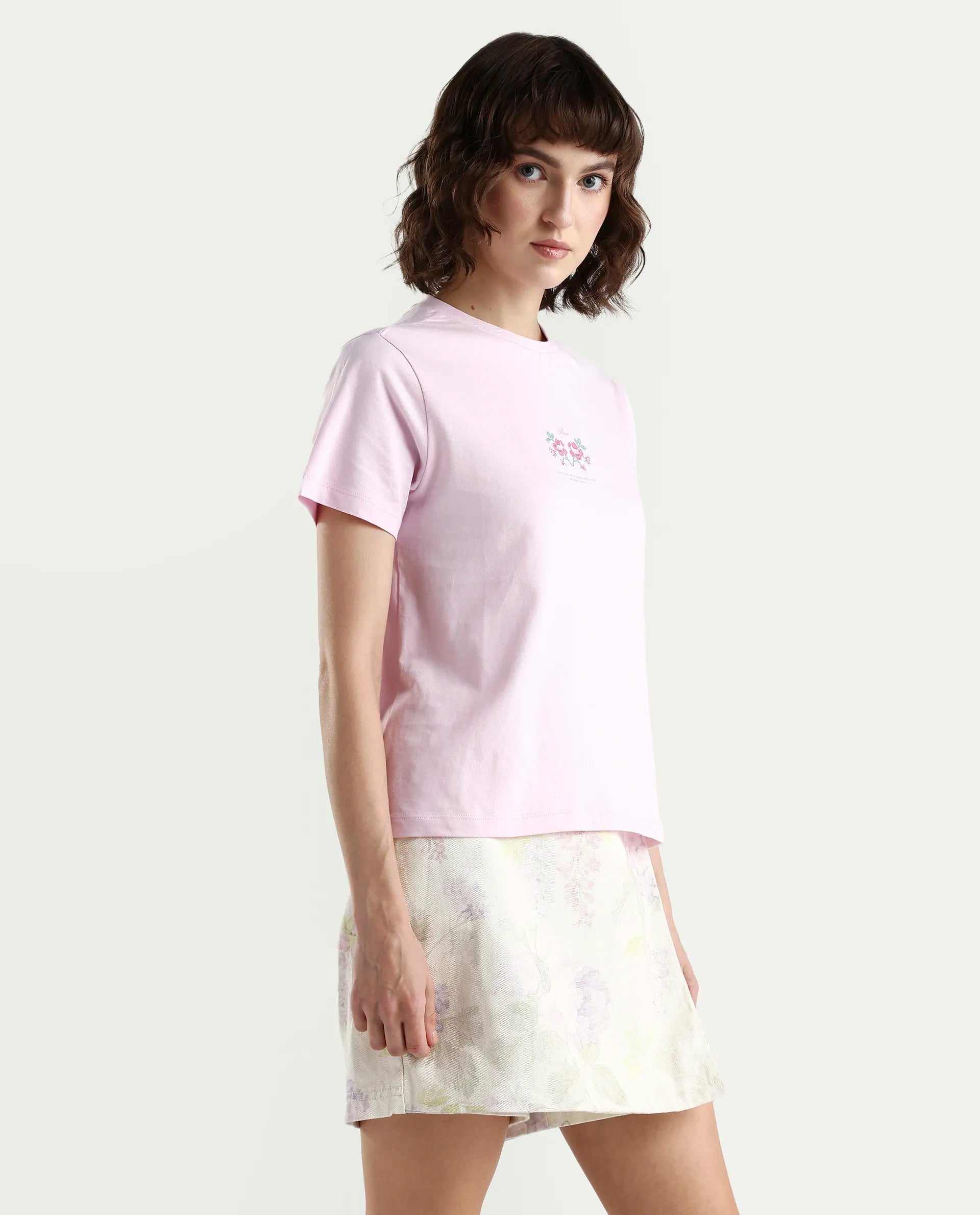 Rareism Women's Zarper Light Pink Cotton Half Sleeve Regular Fit Floral Print T-Shirt