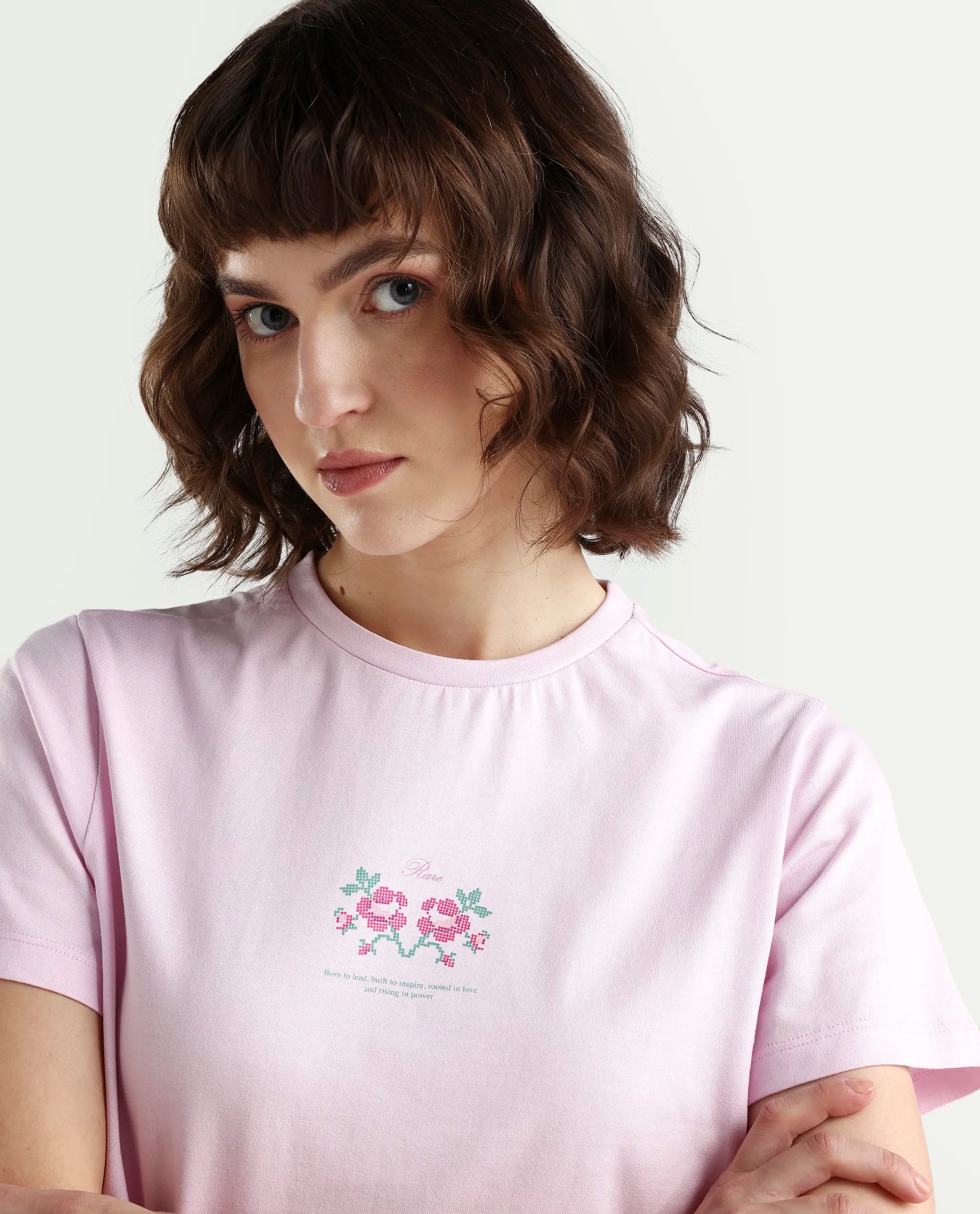 Rareism Women's Zarper Light Pink Cotton Half Sleeve Regular Fit Floral Print T-Shirt