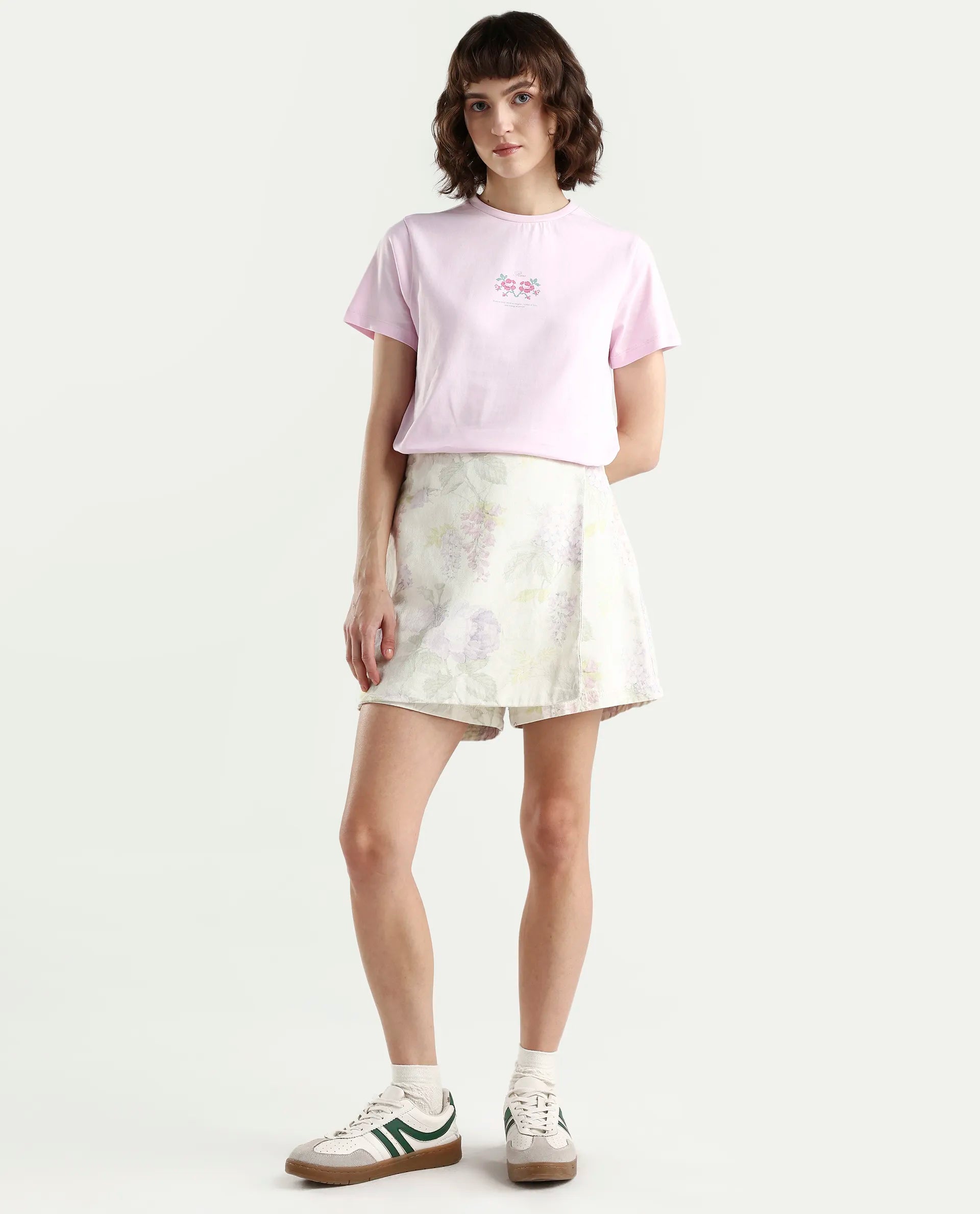 Rareism Women's Zarper Light Pink Cotton Half Sleeve Regular Fit Floral Print T-Shirt