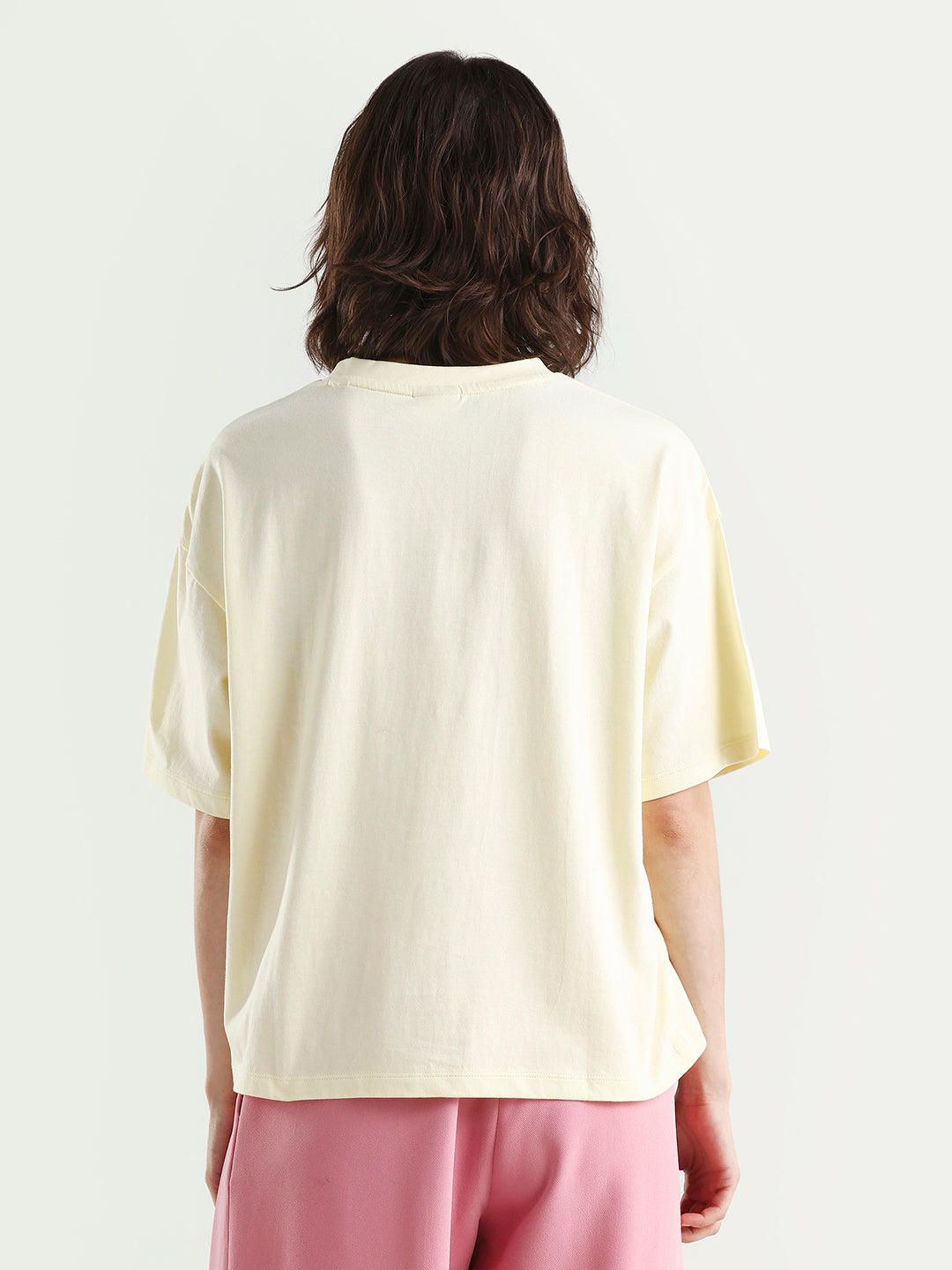 Rareism Women's Zesley Light Yellow Cotton Half Sleeve Boxy Typography Print T-Shirt