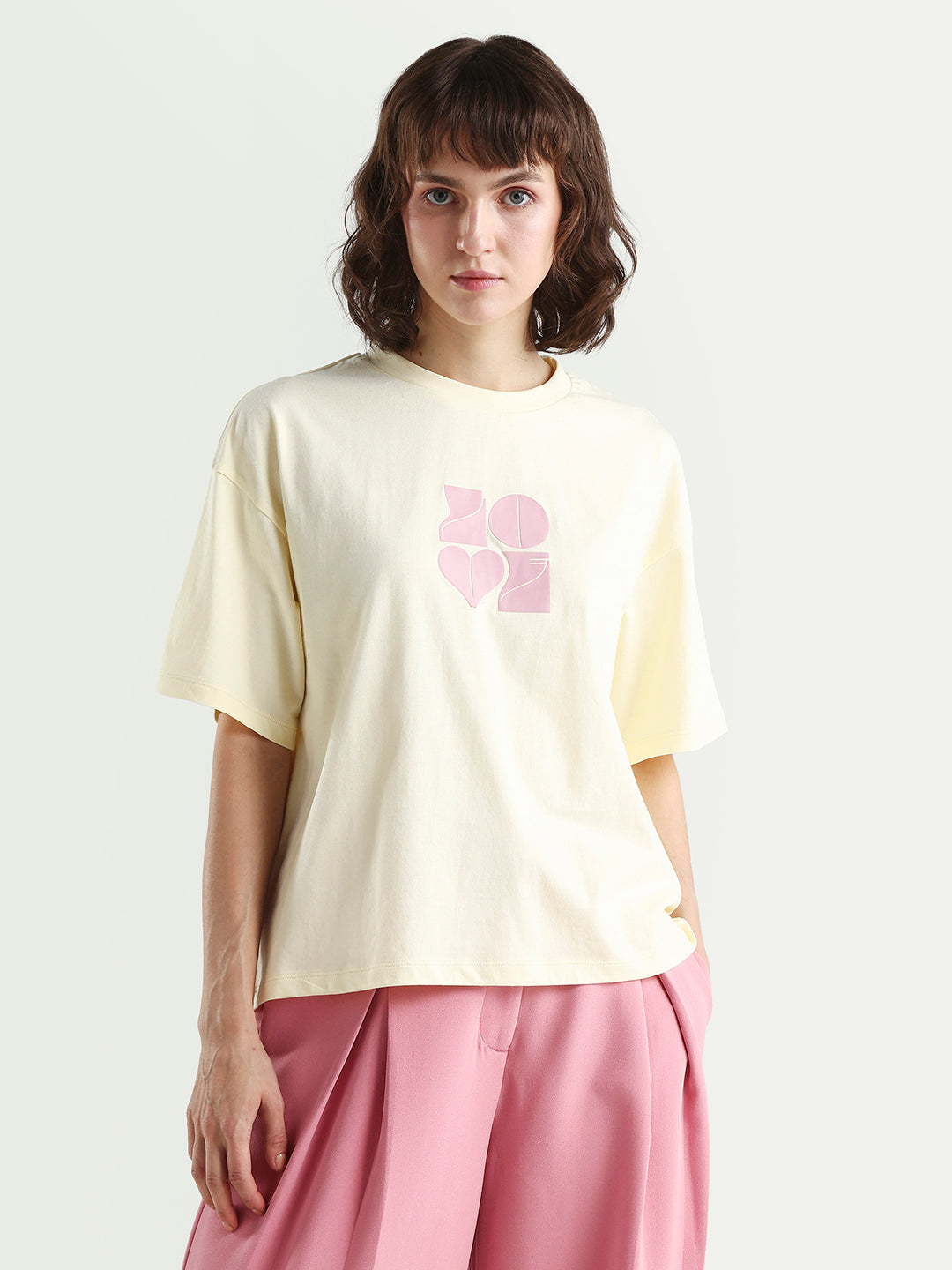 Rareism Women's Zesley Light Yellow Cotton Half Sleeve Boxy Typography Print T-Shirt
