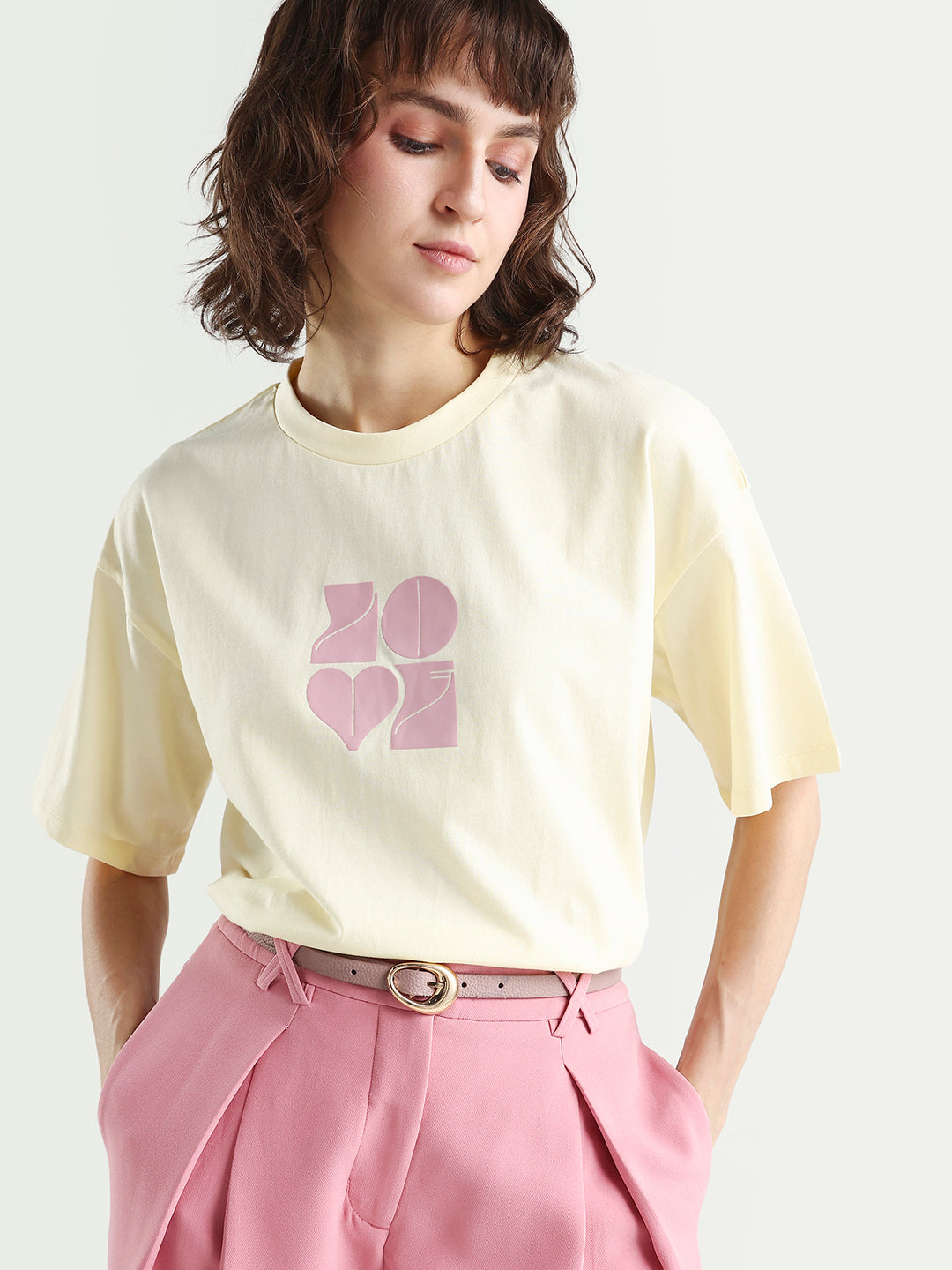 Rareism Women's Zesley Light Yellow Cotton Half Sleeve Boxy Typography Print T-Shirt