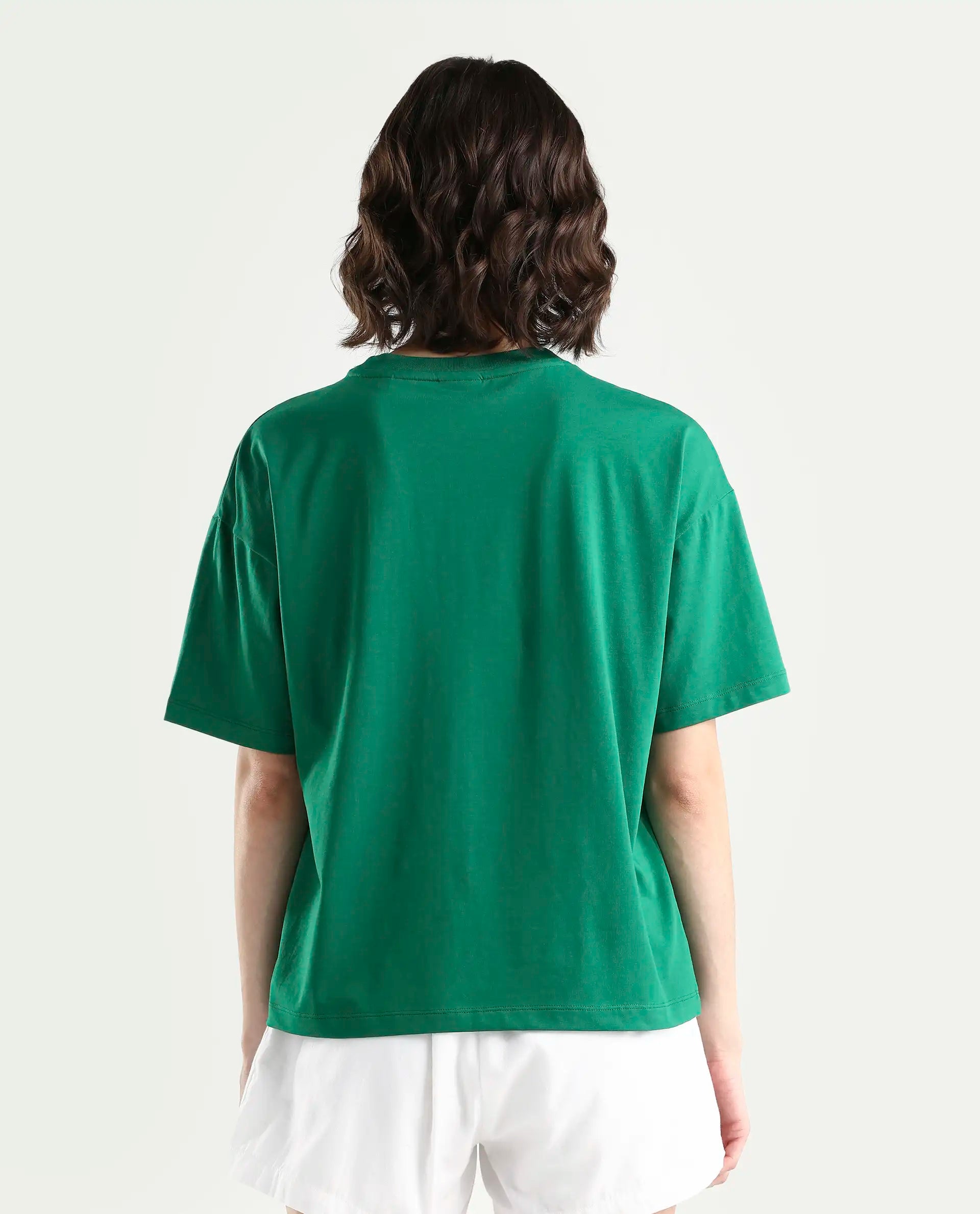 Rareism Women's Zule Dark Green Cotton Blend Half Sleeve Boxy Hd Print T-Shirt