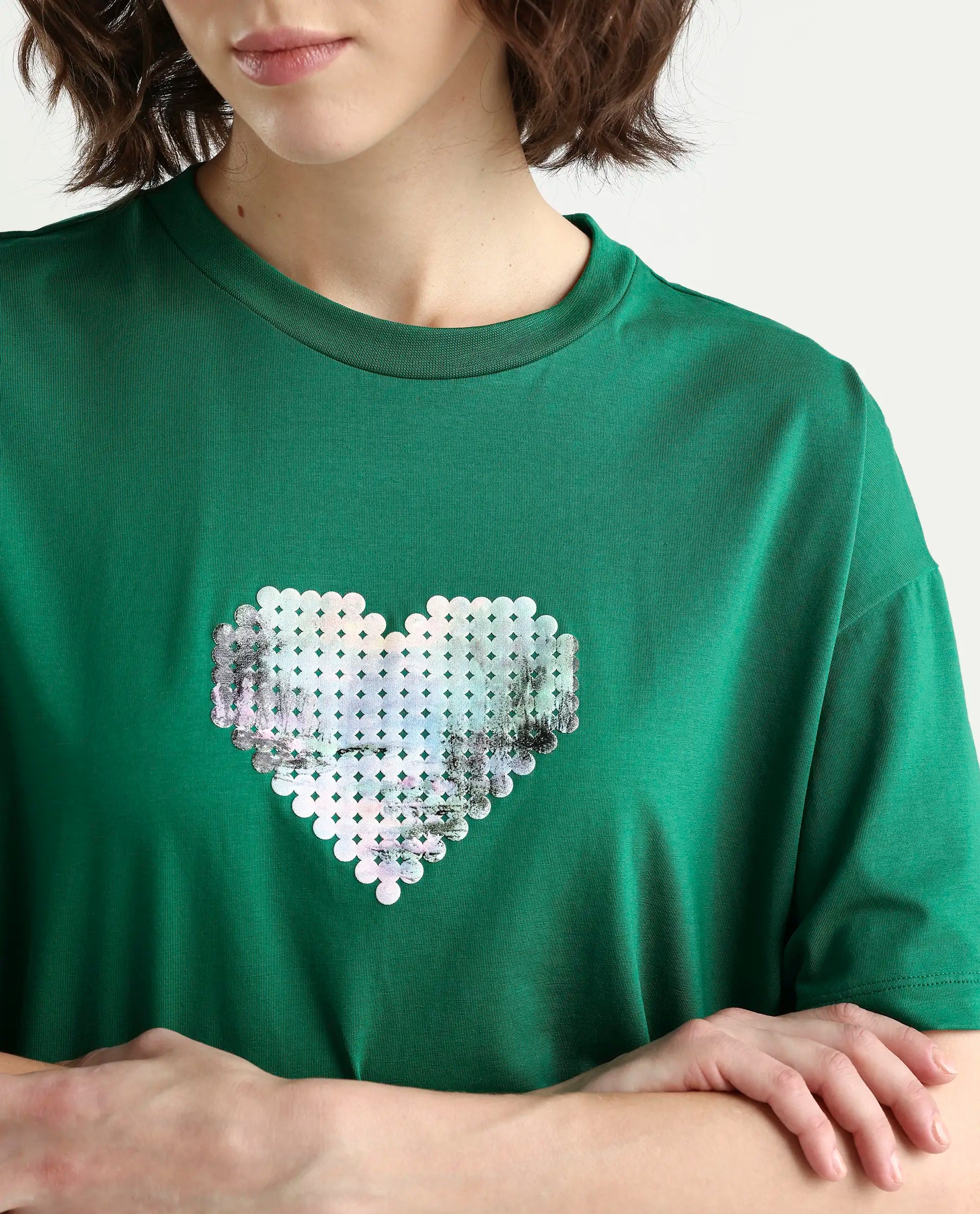 Rareism Women's Zule Dark Green Cotton Blend Half Sleeve Boxy Hd Print T-Shirt Oversize