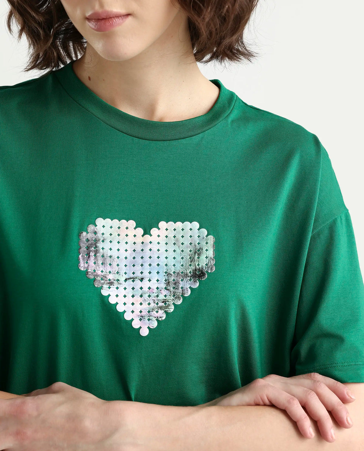 Rareism Women's Zule Dark Green Cotton Blend Half Sleeve Boxy Hd Print T-Shirt Oversize