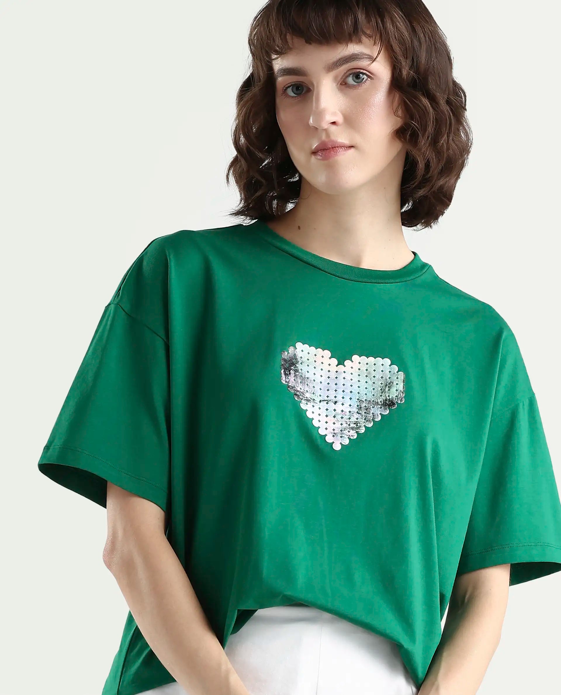 Rareism Women's Zule Dark Green Cotton Blend Half Sleeve Boxy Hd Print T-Shirt Oversize