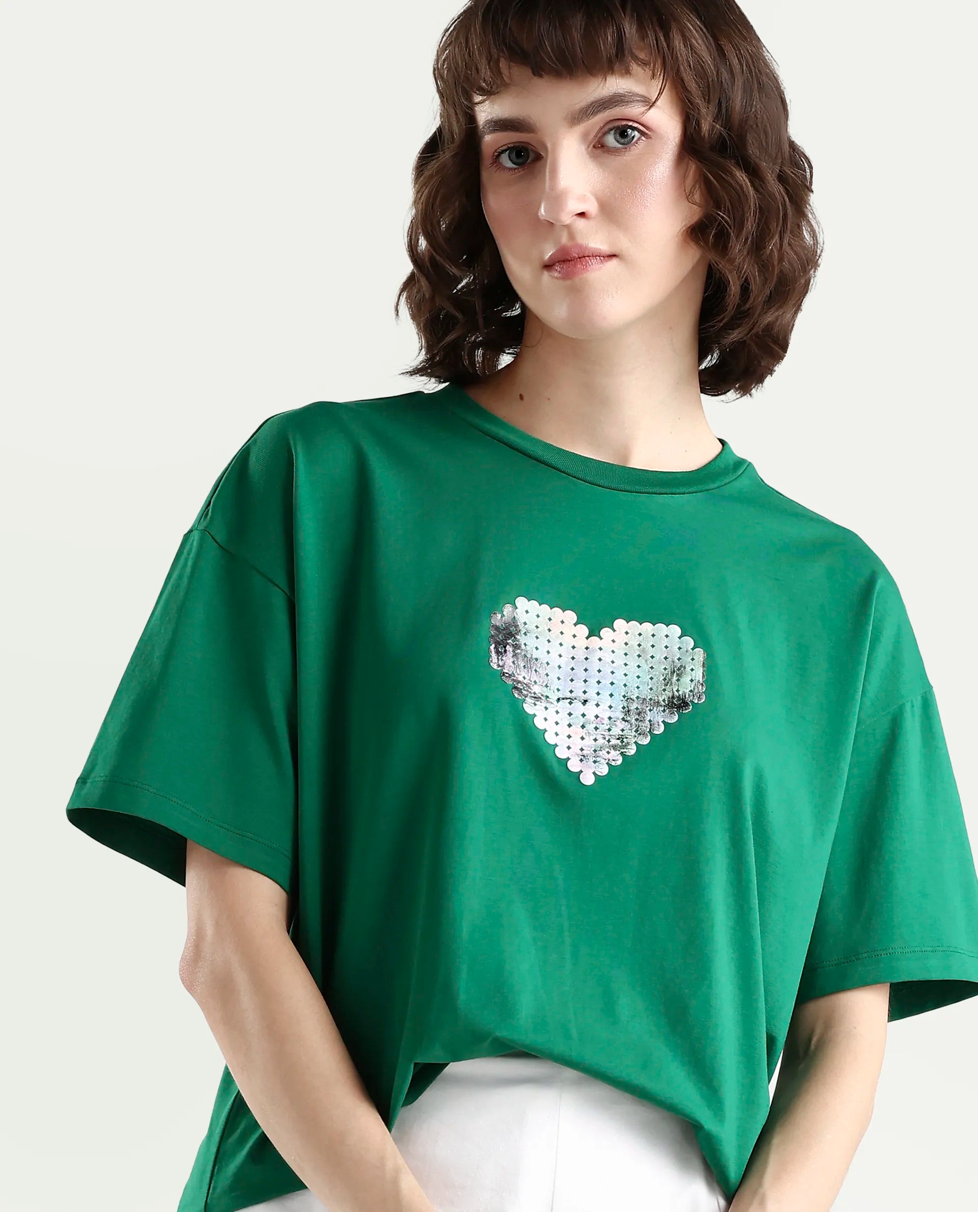 Rareism Women's Zule Dark Green Cotton Blend Half Sleeve Boxy Hd Print T-Shirt