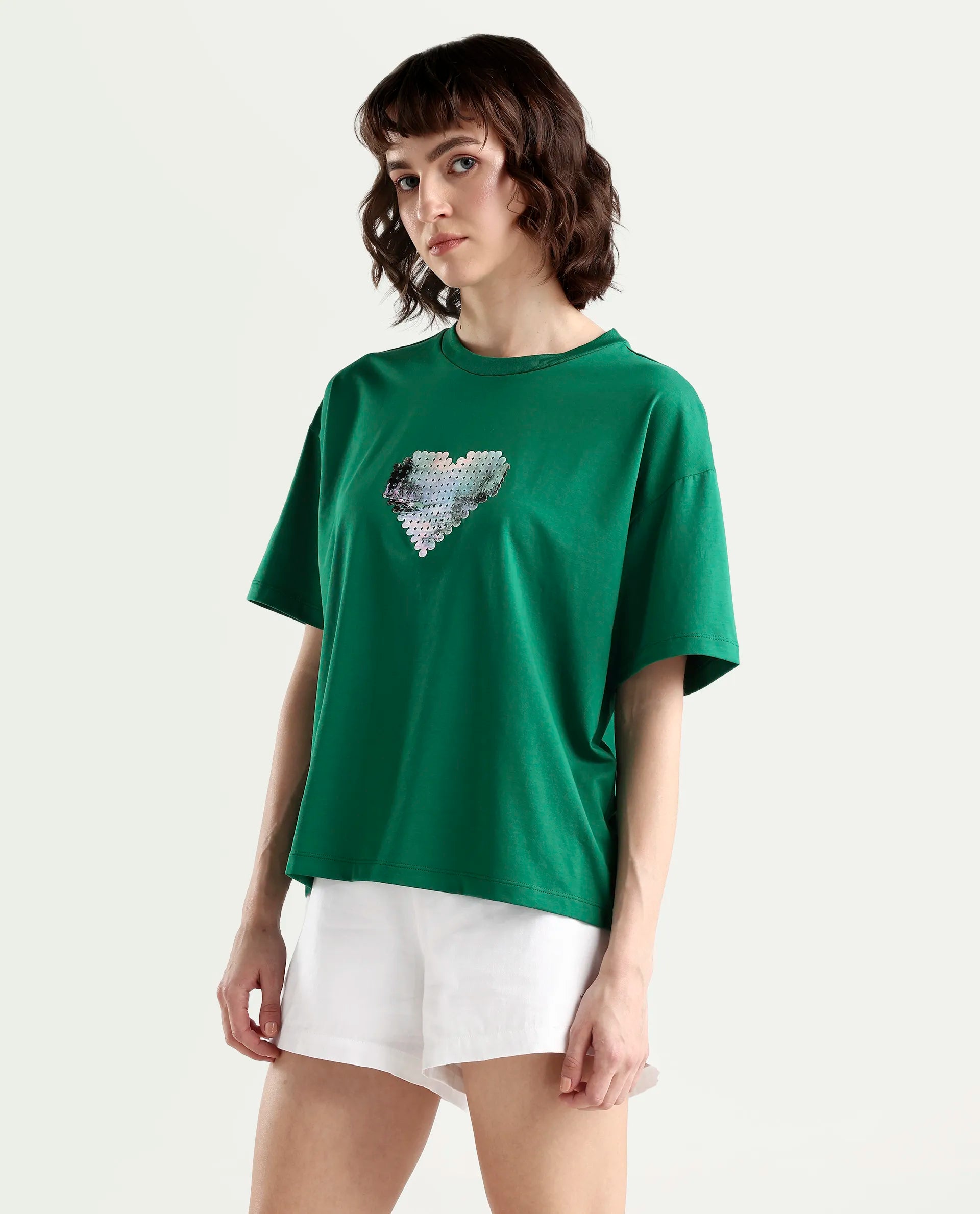 Rareism Women's Zule Dark Green Cotton Blend Half Sleeve Boxy Hd Print T-Shirt