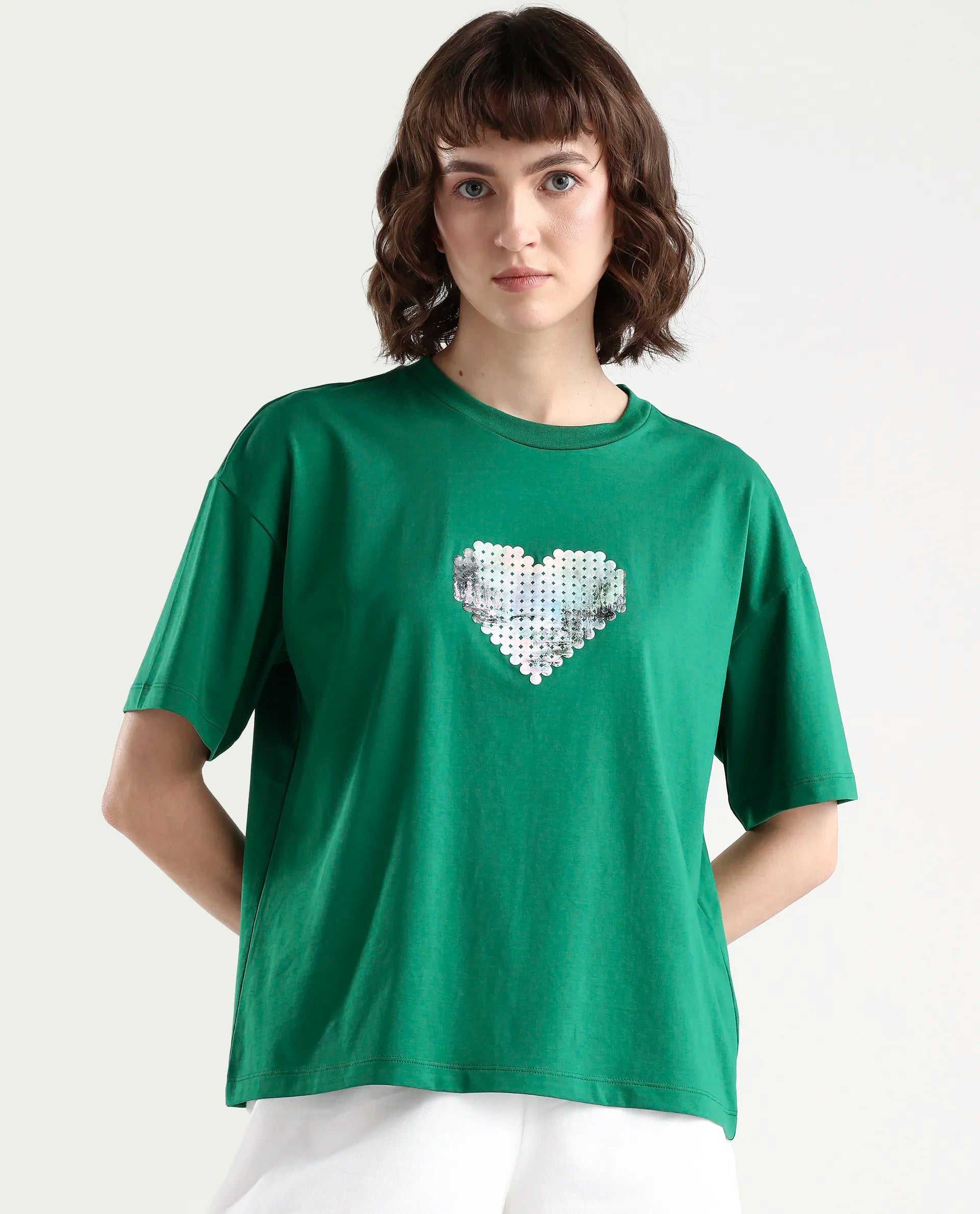 Rareism Women's Zule Dark Green Cotton Blend Half Sleeve Boxy Hd Print T-Shirt