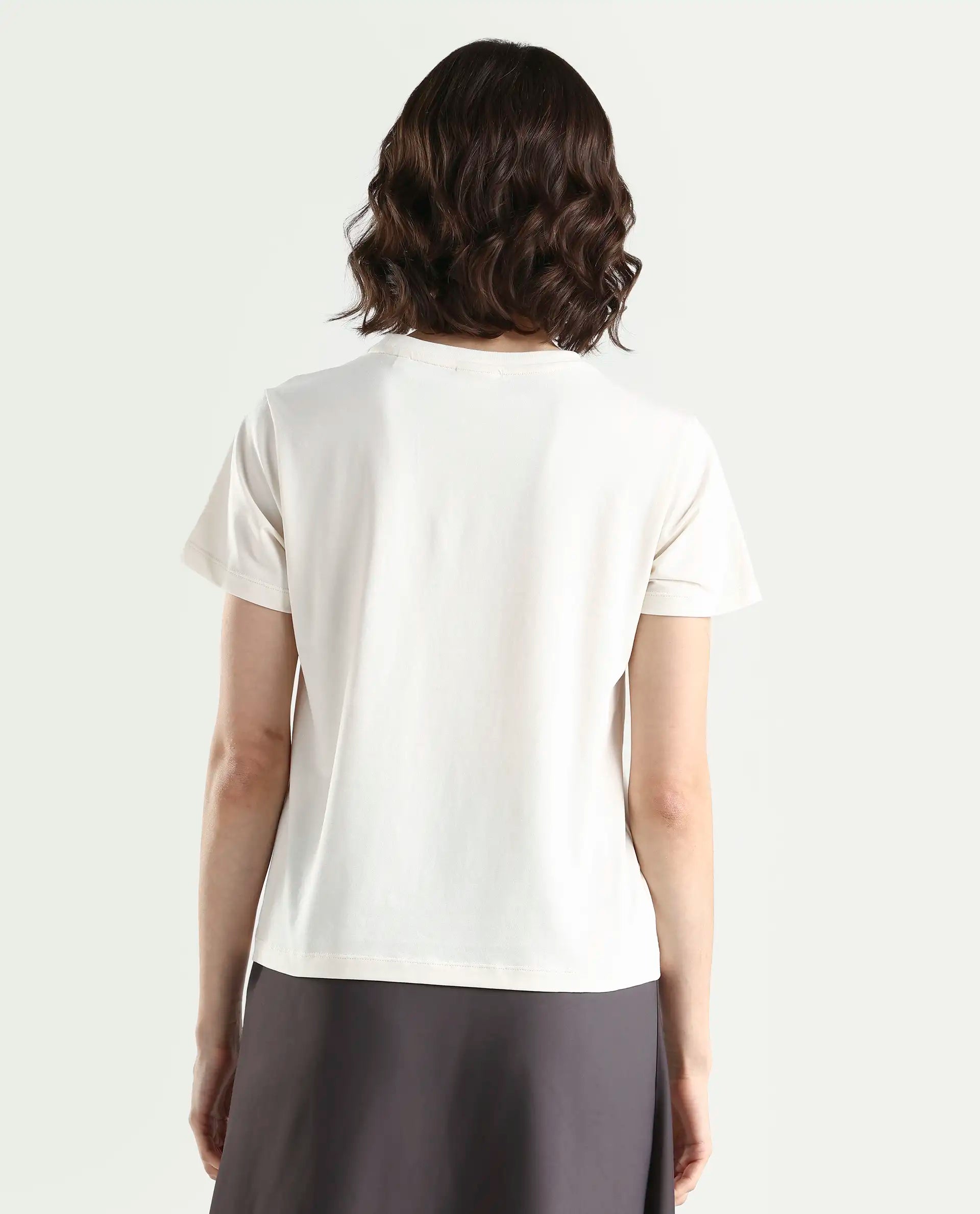 Rareism Women's Zephyr Off White Cotton Blend Half Sleeve Regular Fit Printed T-Shirt
