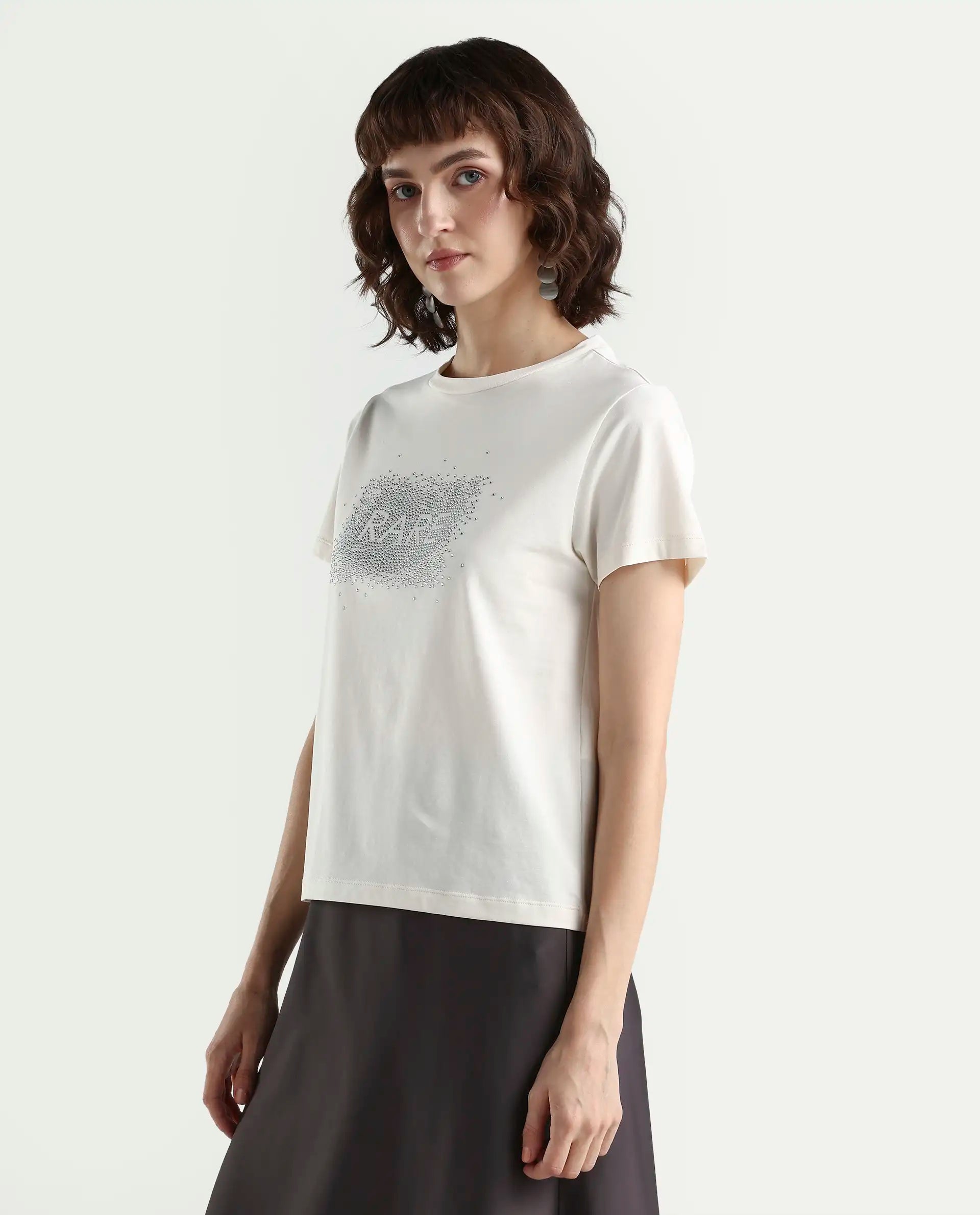 Rareism Women's Zephyr Off White Cotton Blend Half Sleeve Regular Fit Printed T-Shirt