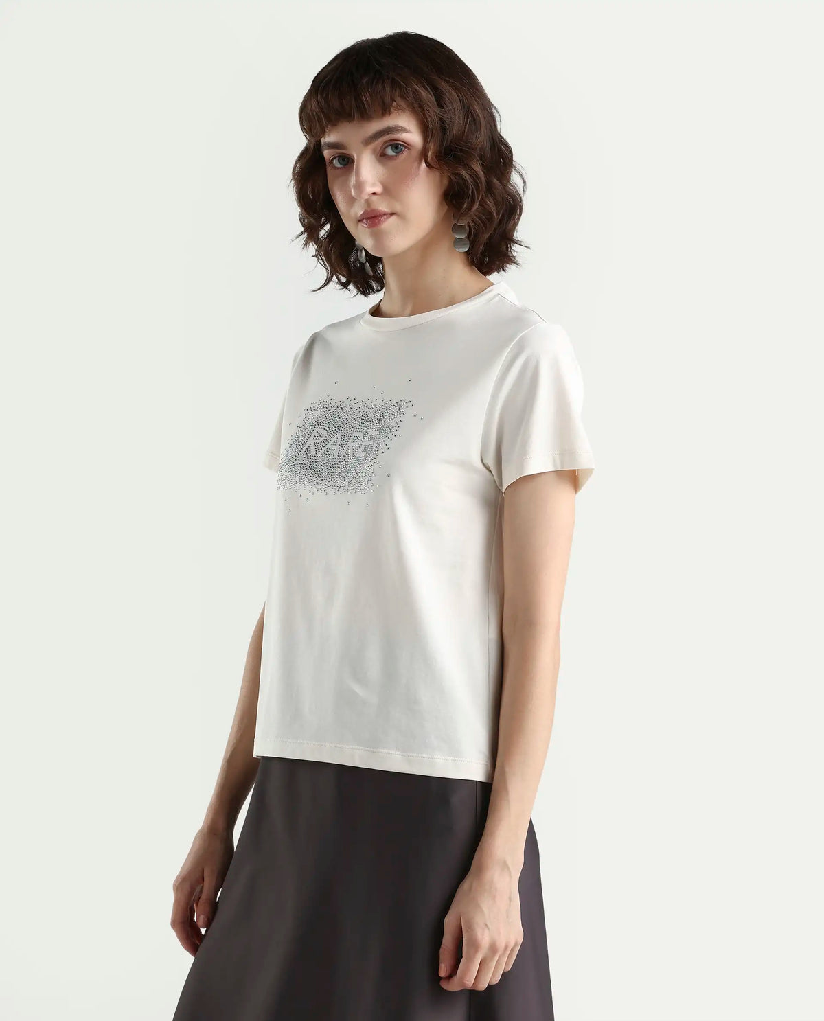 Rareism Women's Zephyr Off White Cotton Blend Half Sleeve Regular Fit Printed T-Shirt