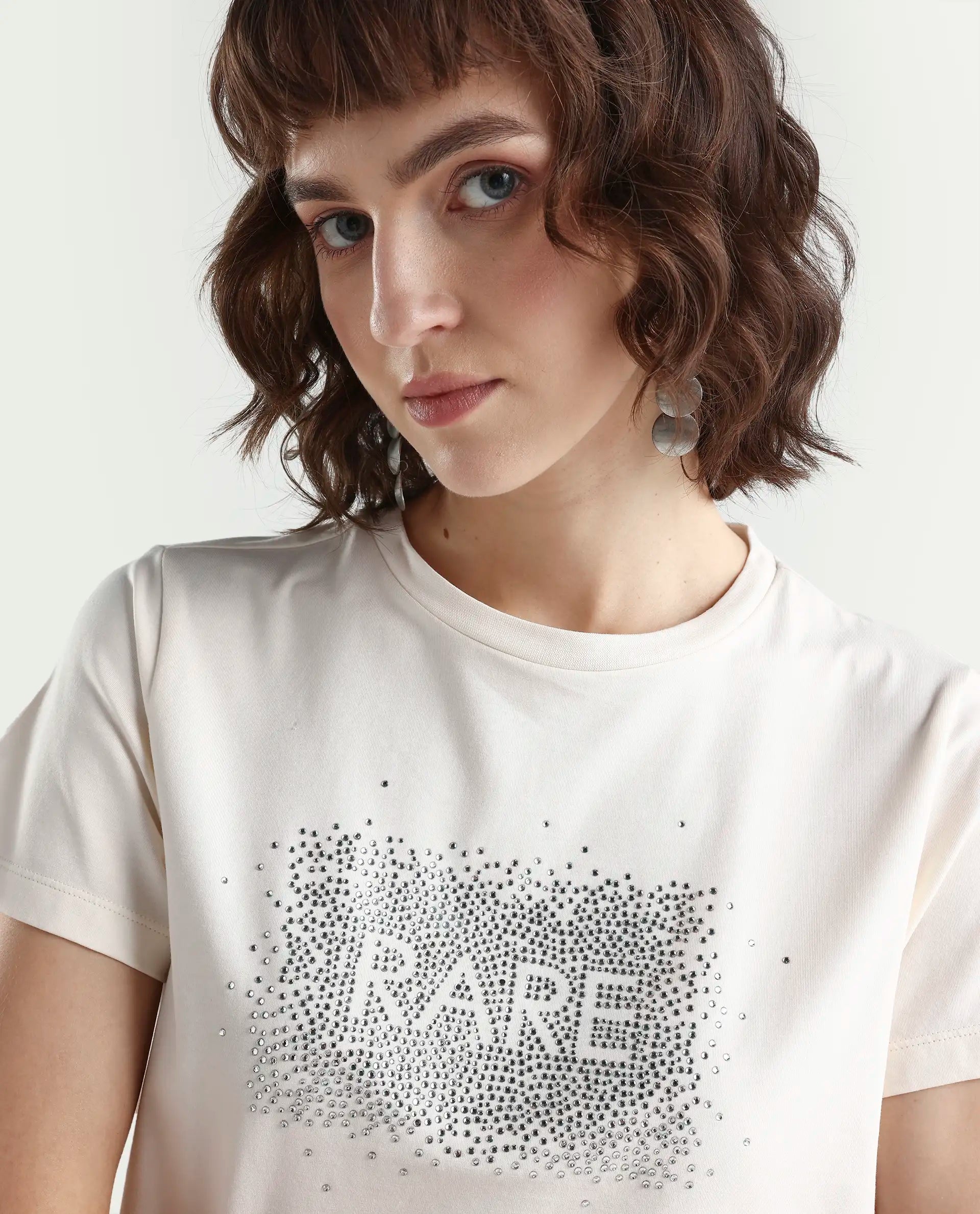 Rareism Women's Zephyr Off White Cotton Blend Half Sleeve Regular Fit Printed T-Shirt