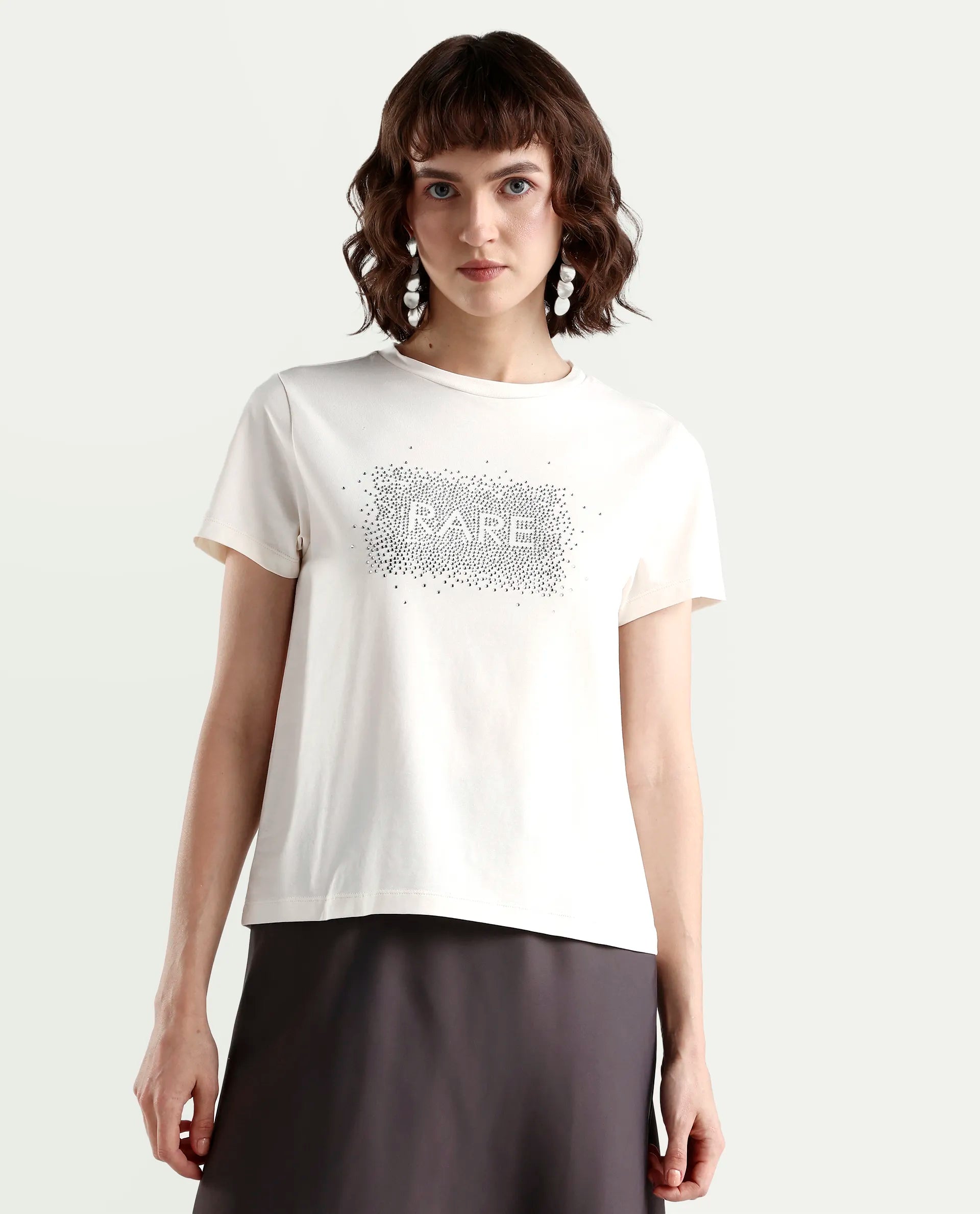 Rareism Women's Zephyr Off White Cotton Blend Half Sleeve Regular Fit Printed T-Shirt