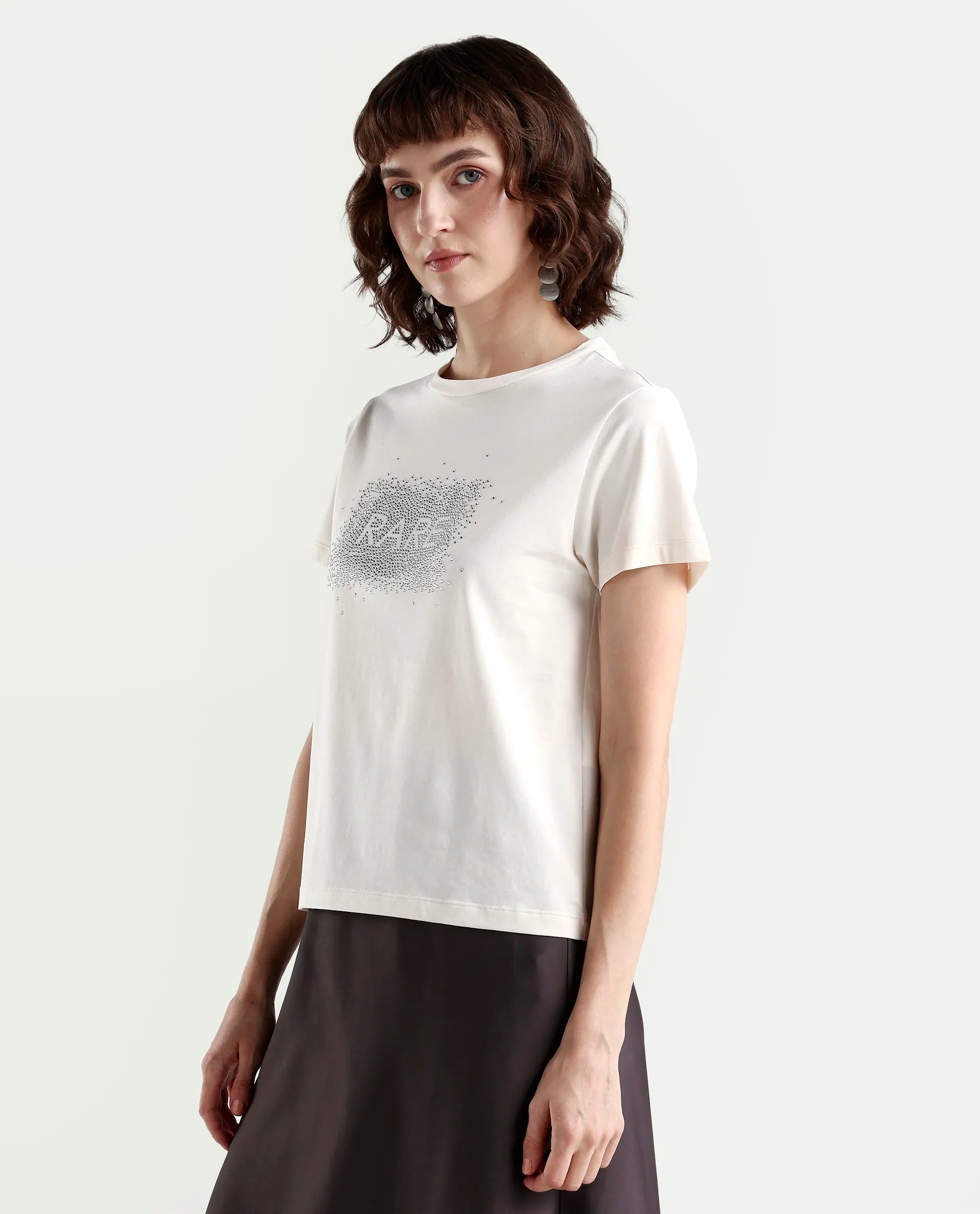 Rareism Women's Zephyr Off White Cotton Blend Half Sleeve Regular Fit Printed T-Shirt