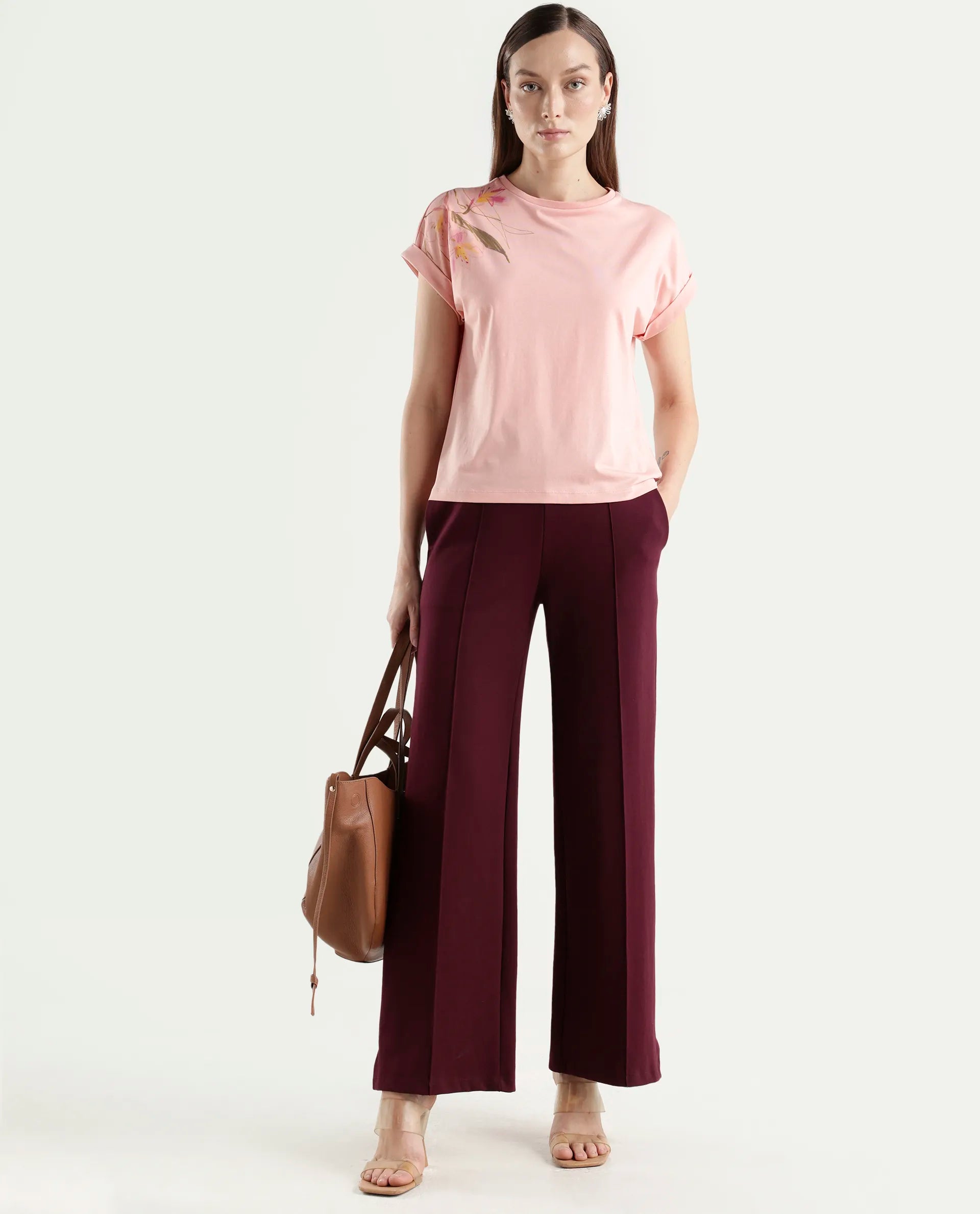 Rareism Women's Zany Peach Cotton Blend Half Sleeve Relaxed Fit Printed T-Shirt