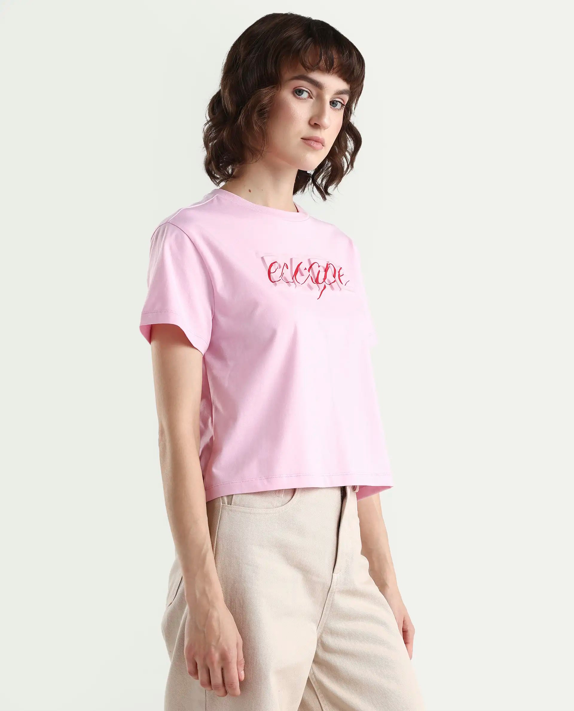 Rareism Women's Zinc Pink Cotton Blend Half Sleeve Relaxed Fit Printed T-Shirt