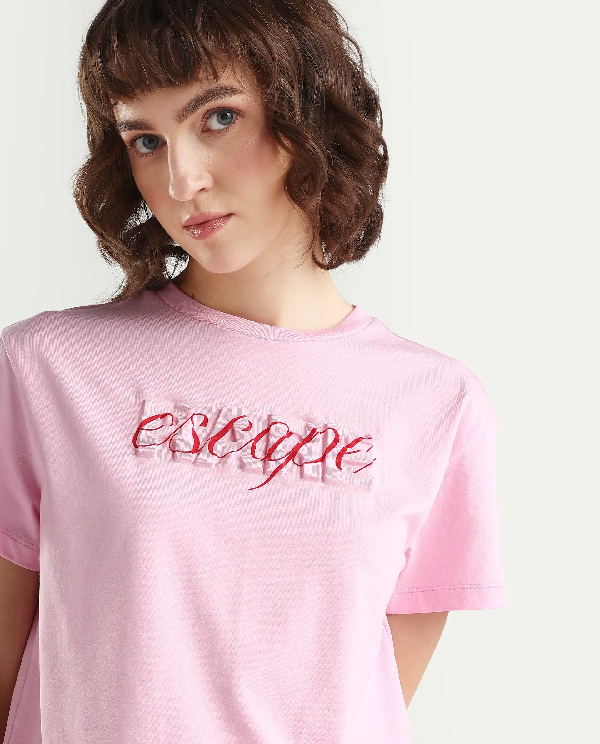 Rareism Women's Zinc Pink Cotton Blend Half Sleeve Relaxed Fit Printed T-Shirt