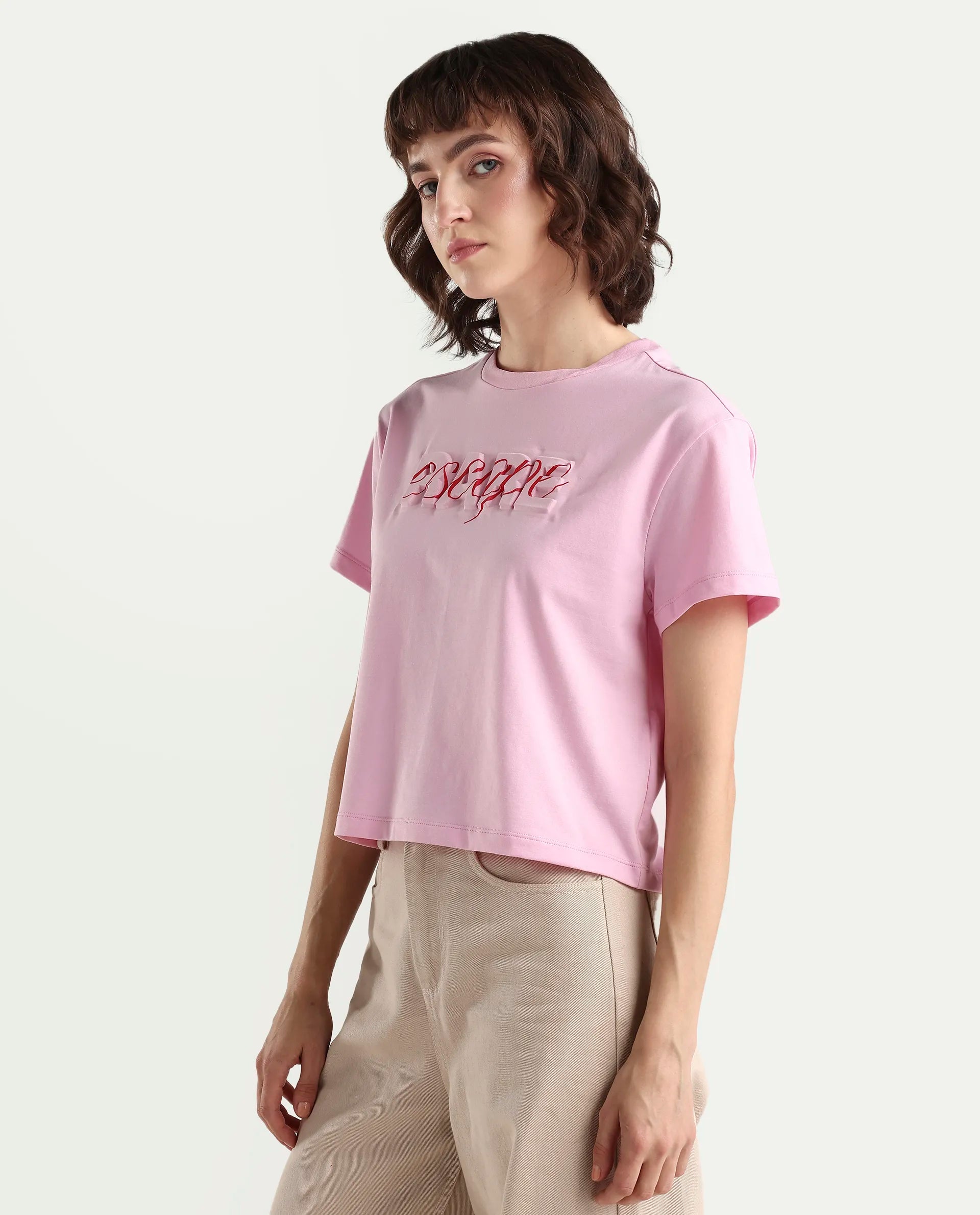 Rareism Women's Zinc Pink Cotton Blend Half Sleeve Relaxed Fit Printed T-Shirt