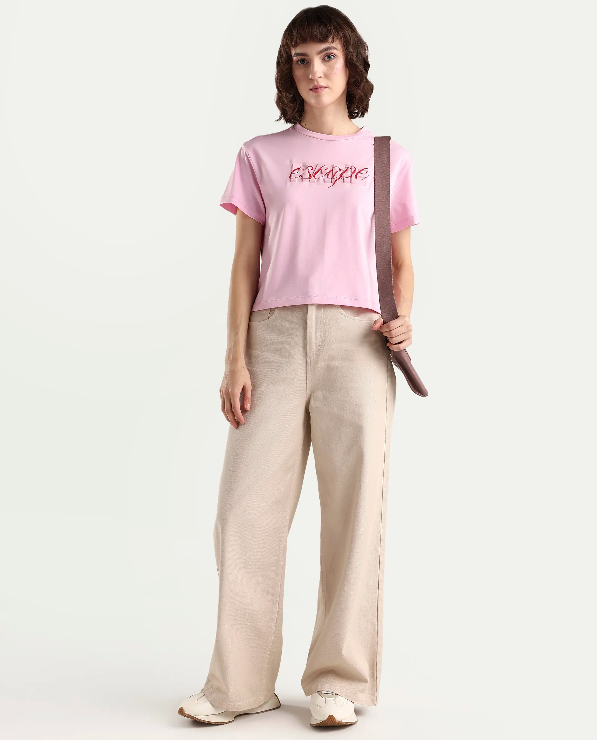 Rareism Women's Zinc Pink Cotton Blend Half Sleeve Relaxed Fit Printed T-Shirt