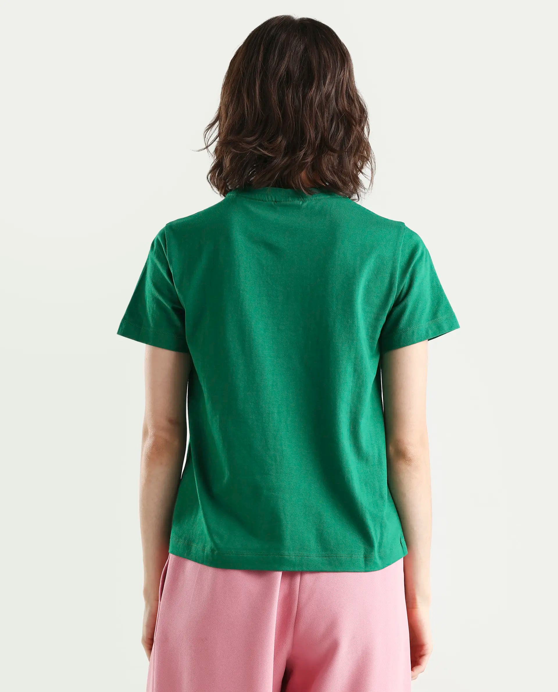 Rareism Women's Zrey Dark Green Cotton Half Sleeve Regular Fit Hd Print T-Shirt