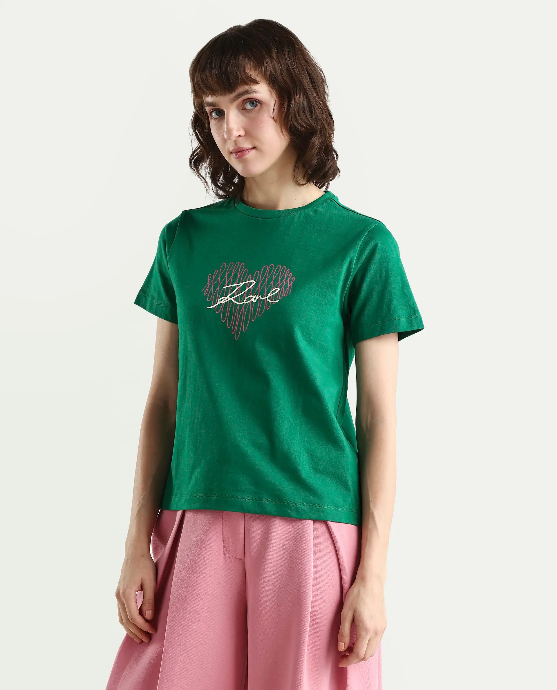 Rareism Women's Zrey Dark Green Cotton Half Sleeve Regular Fit Hd Print T-Shirt