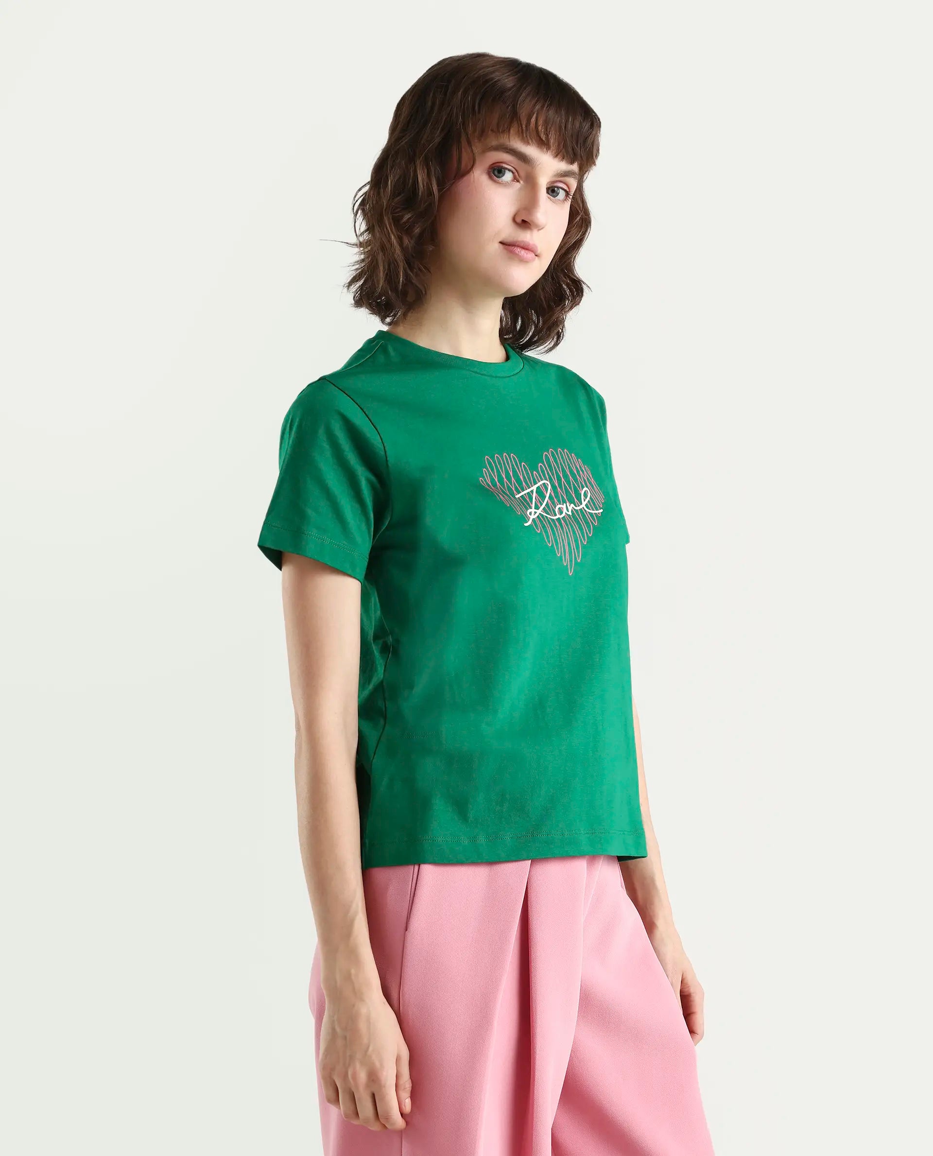 Rareism Women's Zrey Dark Green Cotton Half Sleeve Regular Fit Hd Print T-Shirt