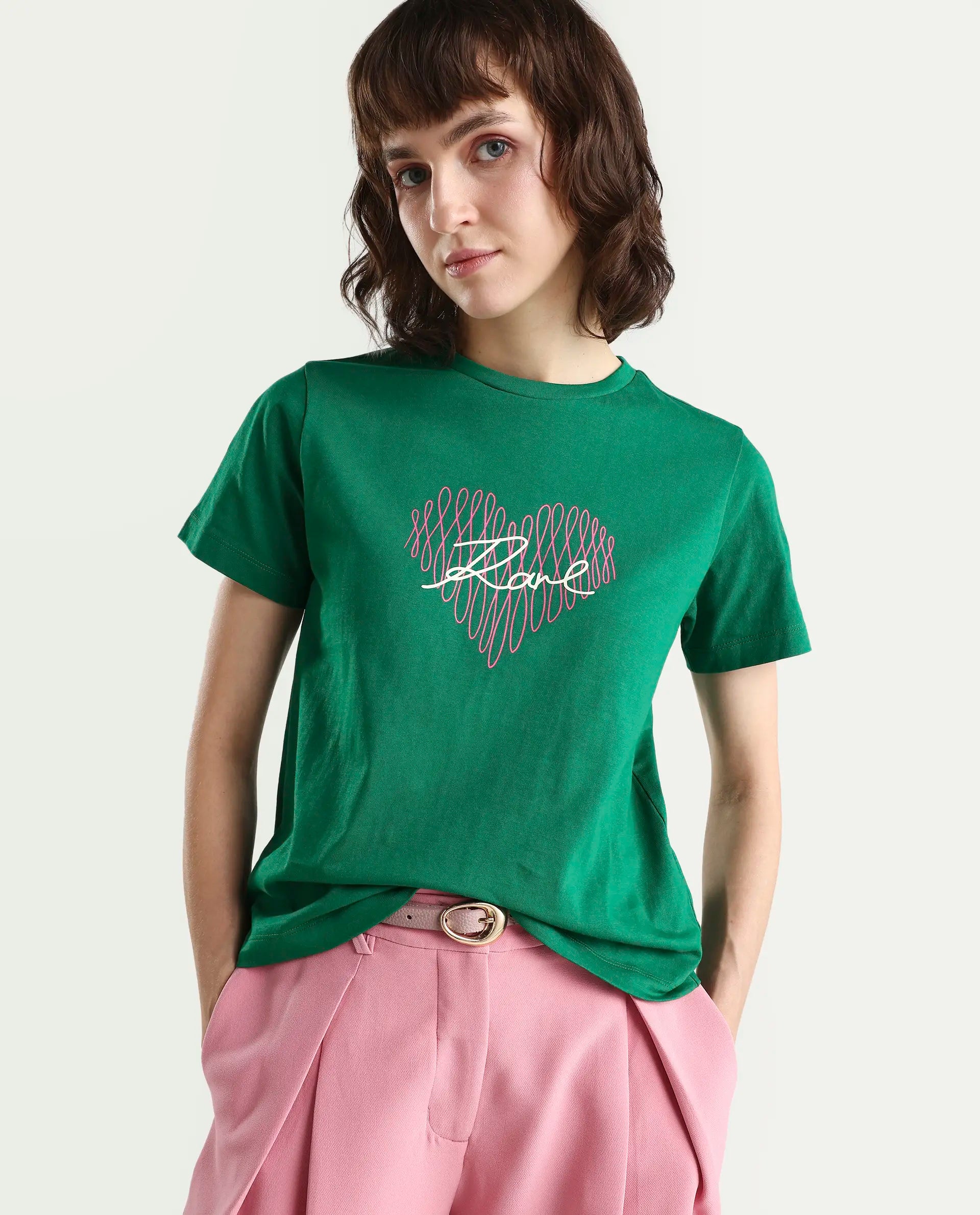 Rareism Women's Zrey Dark Green Cotton Half Sleeve Regular Fit Hd Print T-Shirt