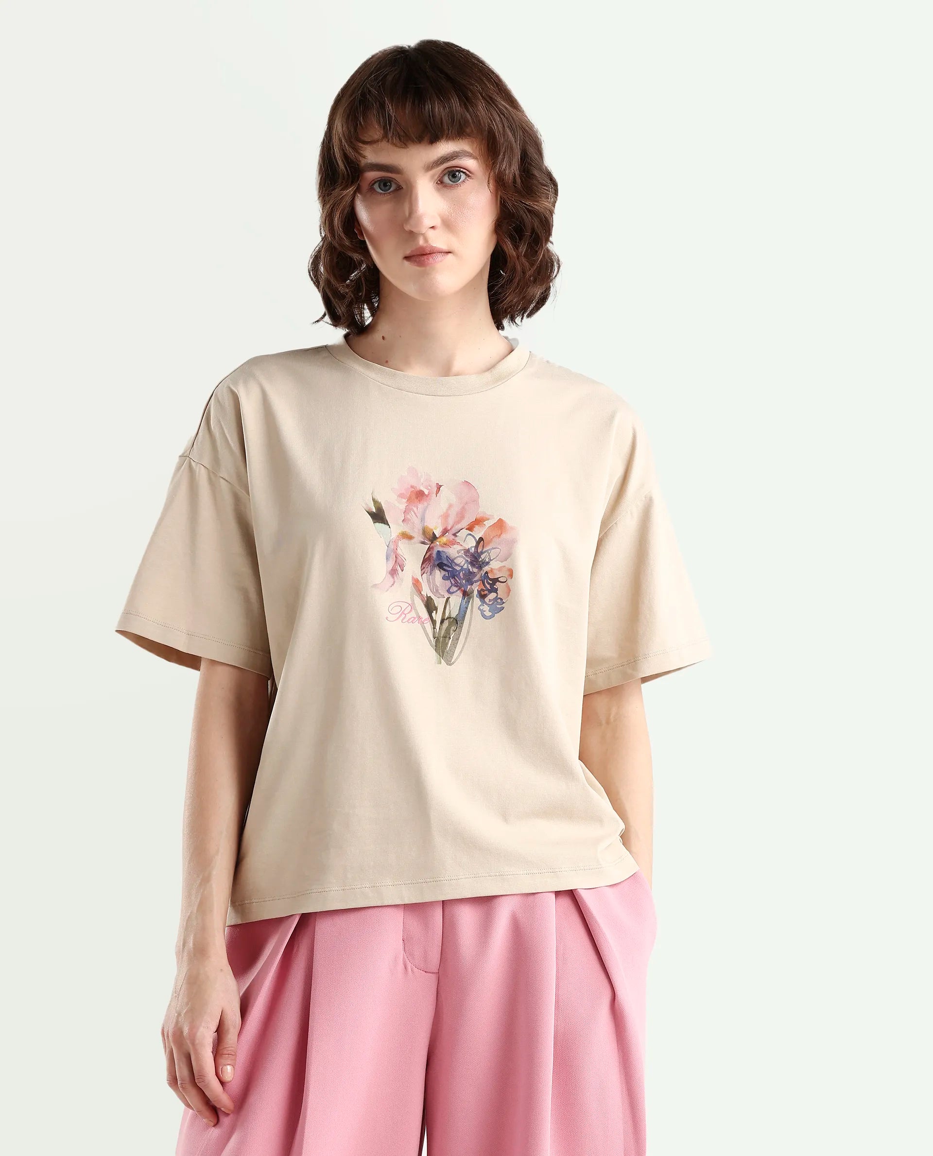 Rareism Women's Zone Beige Cotton Blend Half Sleeve Boxy Floral Print T-Shirt