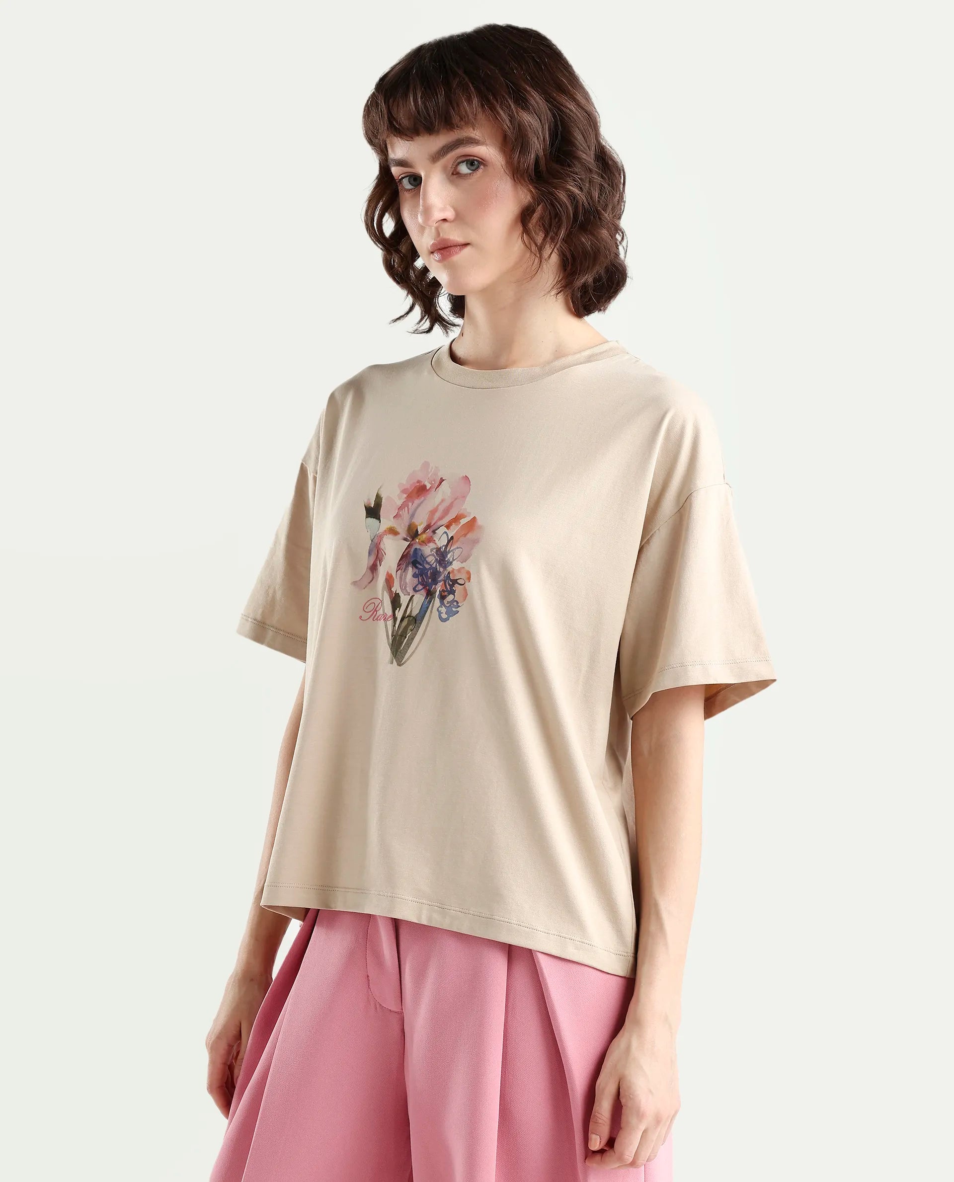 Rareism Women's Zone Beige Cotton Blend Half Sleeve Boxy Floral Print T-Shirt