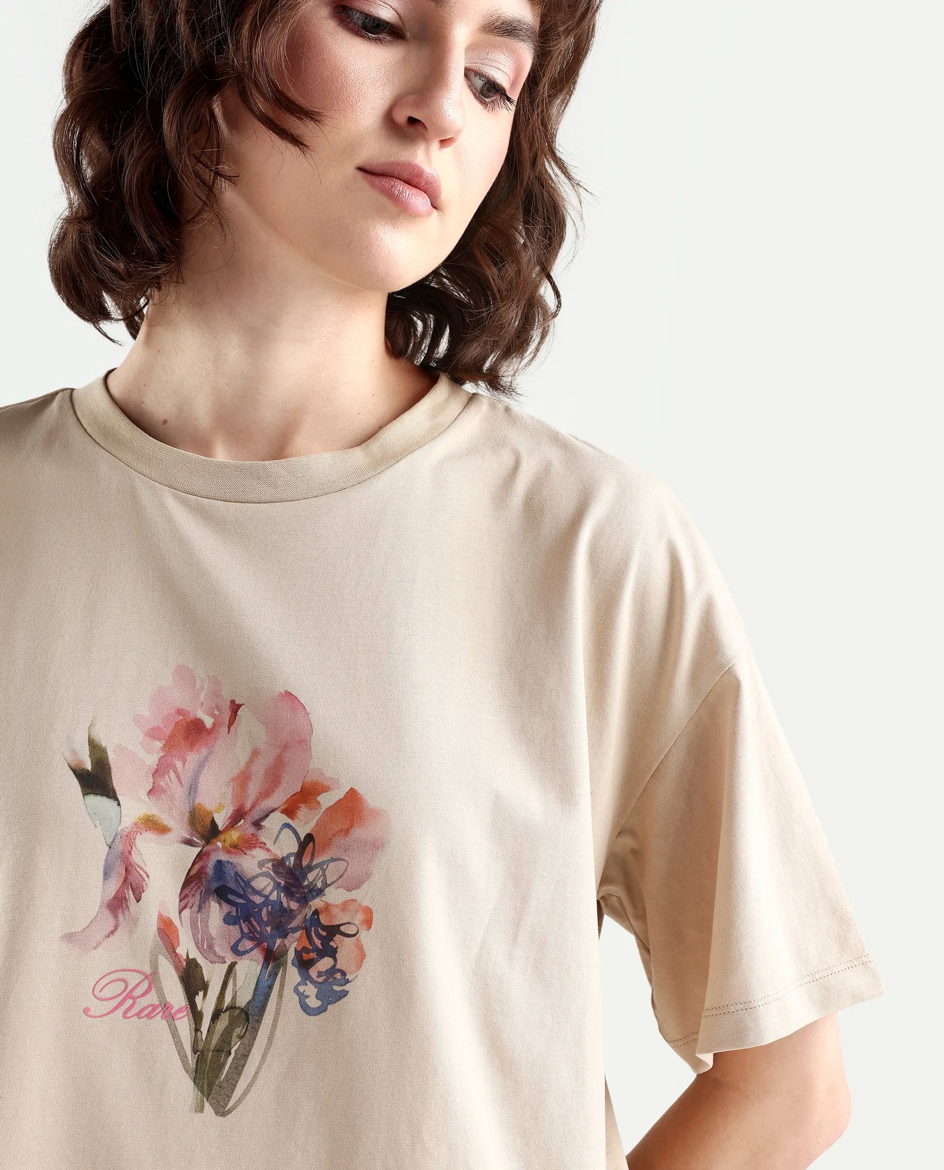 Rareism Women's Zone Beige Cotton Blend Half Sleeve Boxy Floral Print T-Shirt