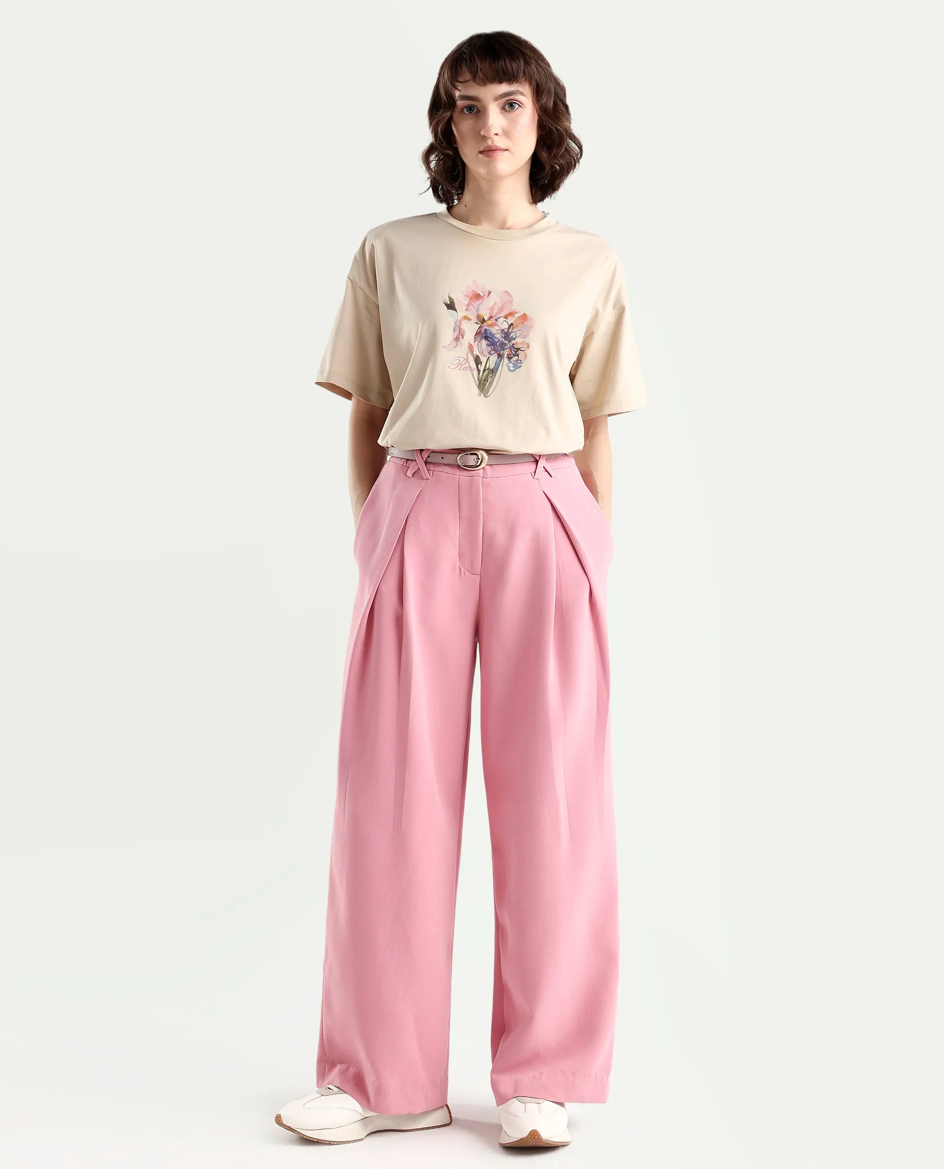 Rareism Women's Zone Beige Cotton Blend Half Sleeve Boxy Floral Print T-Shirt