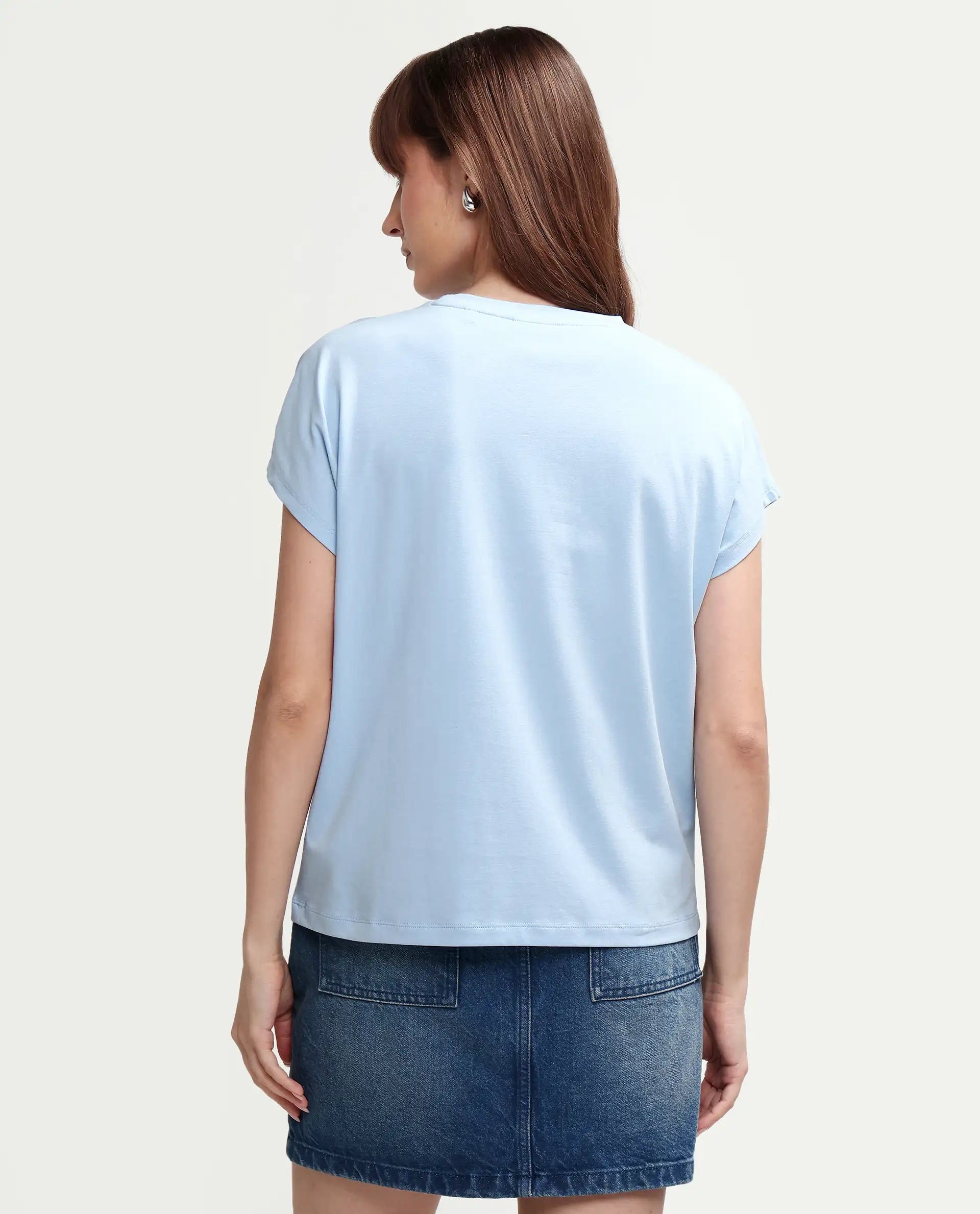 Rareism Women's Zour Light Blue Cotton Blend Half Sleeve Relaxed Fit Typography Print T-Shirt