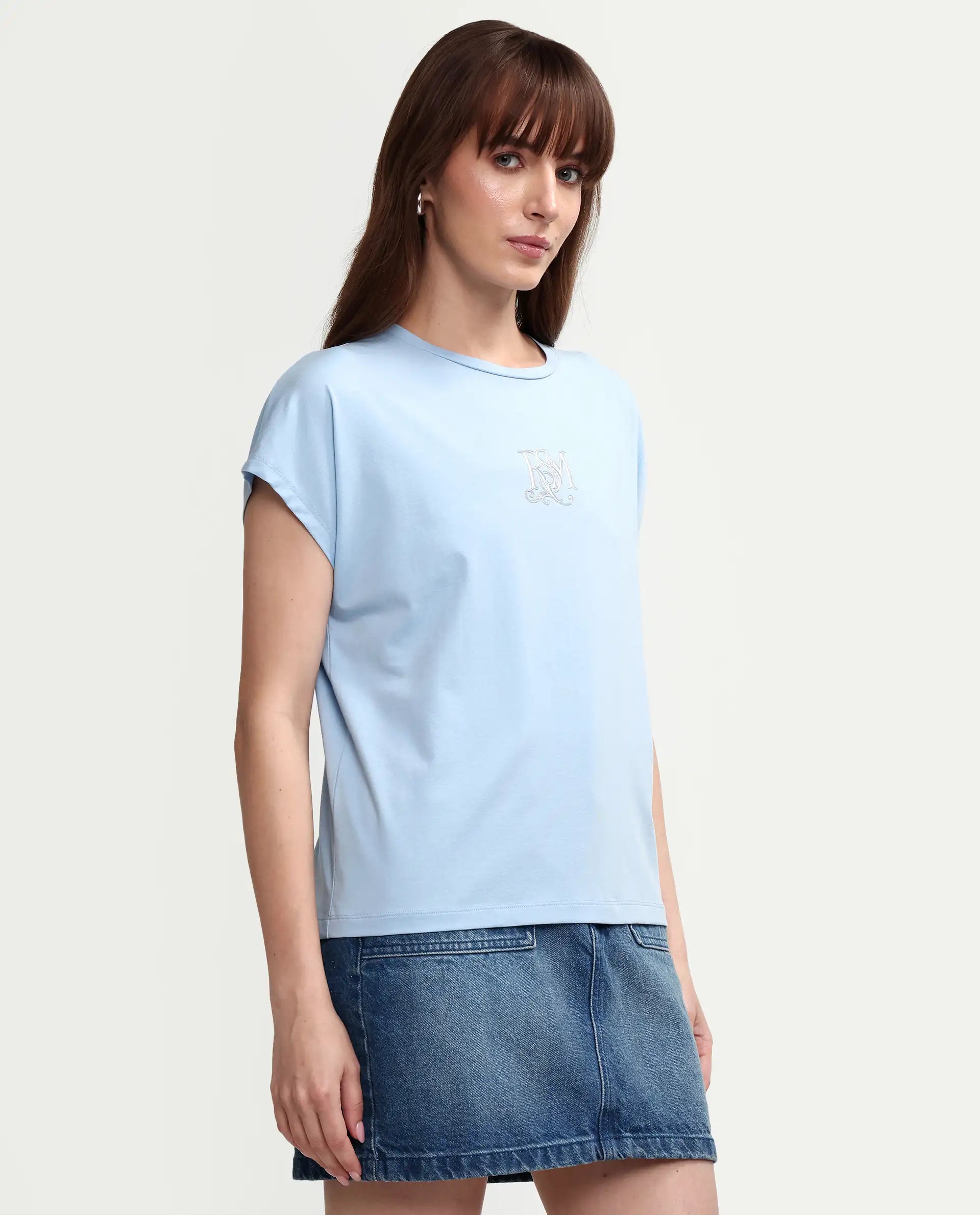 Rareism Women's Zour Light Blue Cotton Blend Half Sleeve Relaxed Fit Typography Print T-Shirt