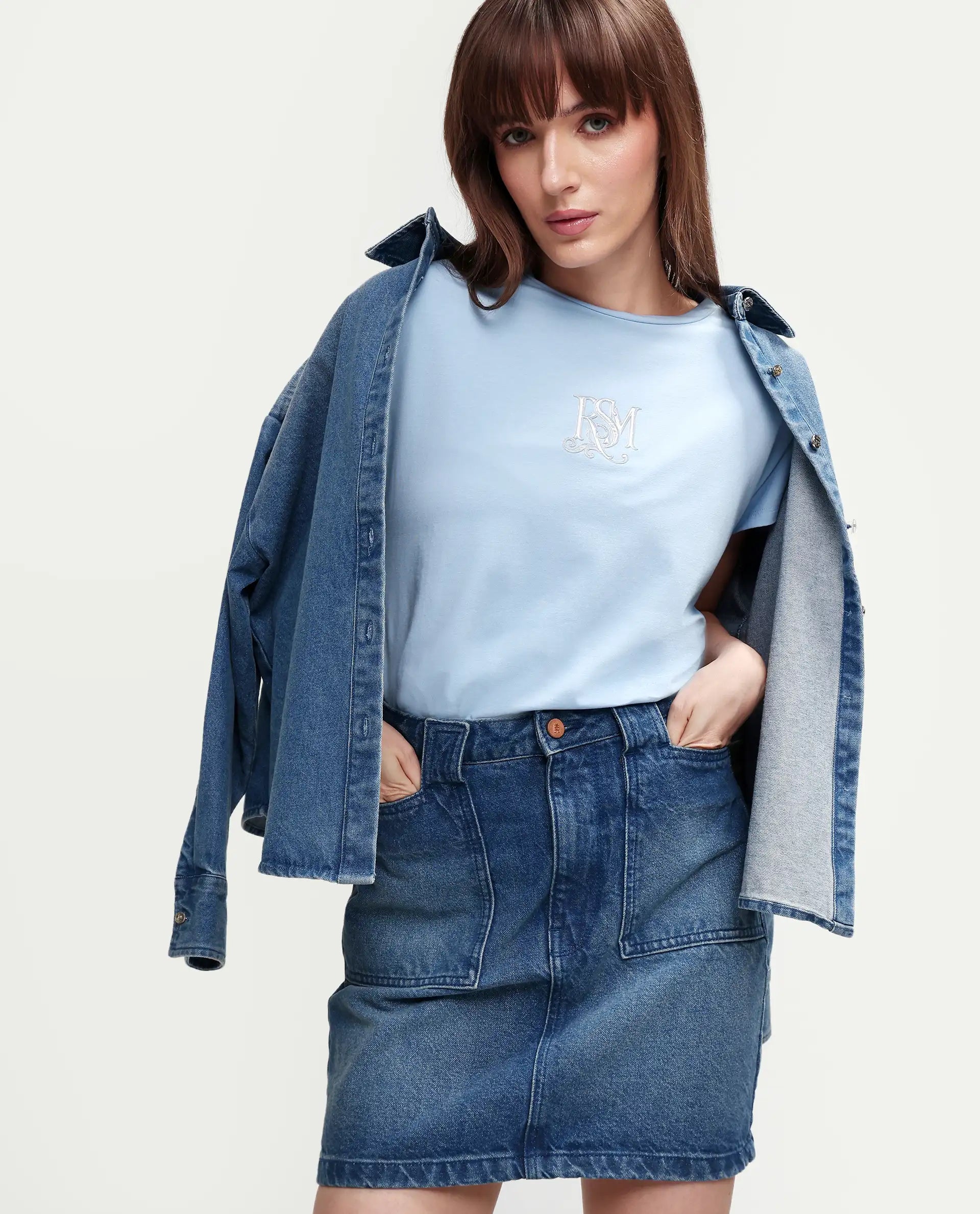 Rareism Women's Zour Light Blue Cotton Blend Half Sleeve Relaxed Fit Typography Print T-Shirt