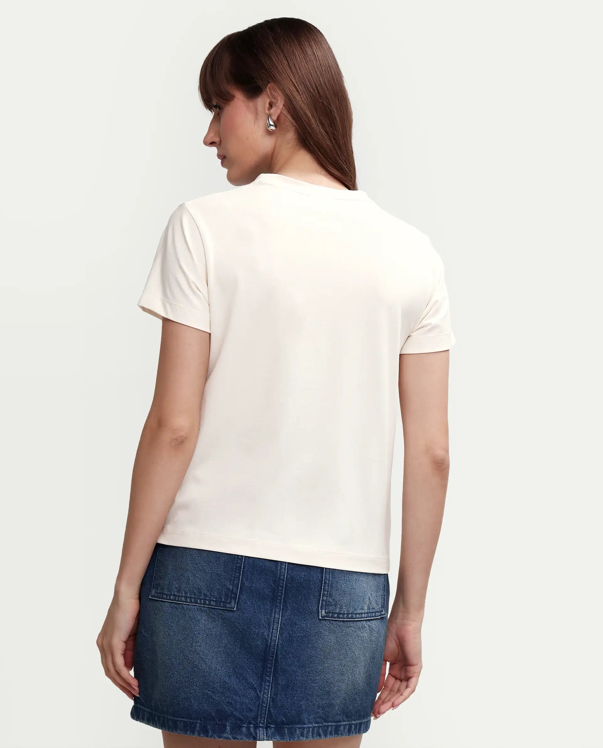 Rareism Women's Zive Off White Cotton Blend Half Sleeve Regular Fit Pigment Print T-Shirt