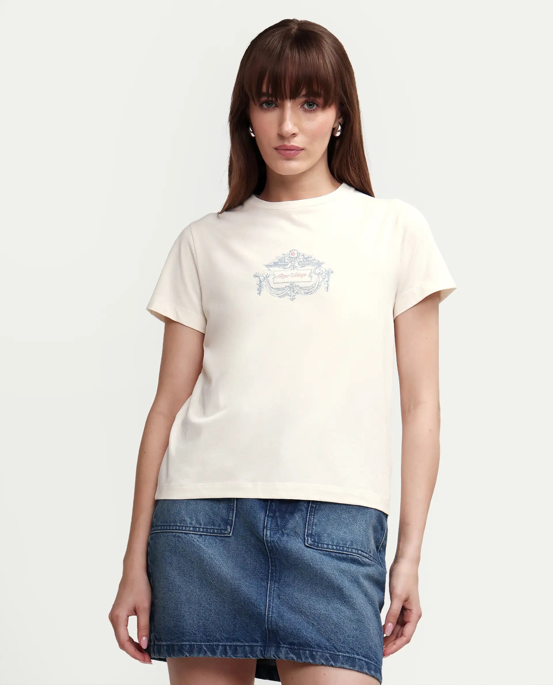 Rareism Women's Zive Off White Cotton Blend Half Sleeve Regular Fit Pigment Print T-Shirt