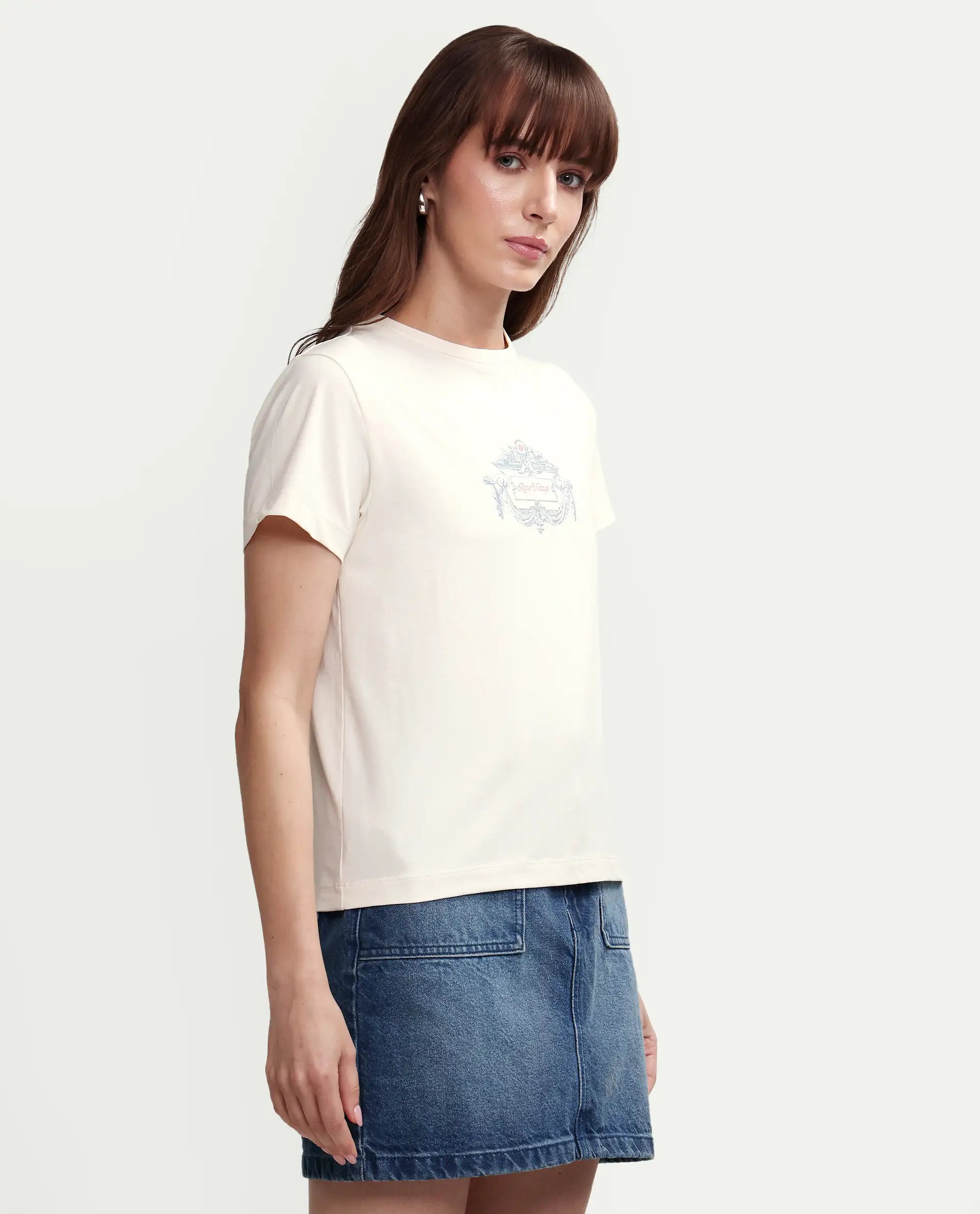 Rareism Women's Zive Off White Cotton Blend Half Sleeve Regular Fit Pigment Print T-Shirt