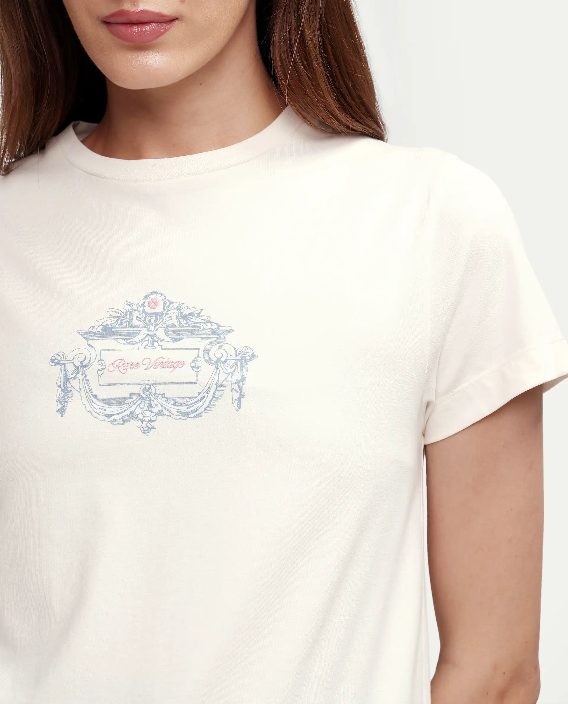 Rareism Women's Zive Off White Cotton Blend Half Sleeve Regular Fit Pigment Print T-Shirt