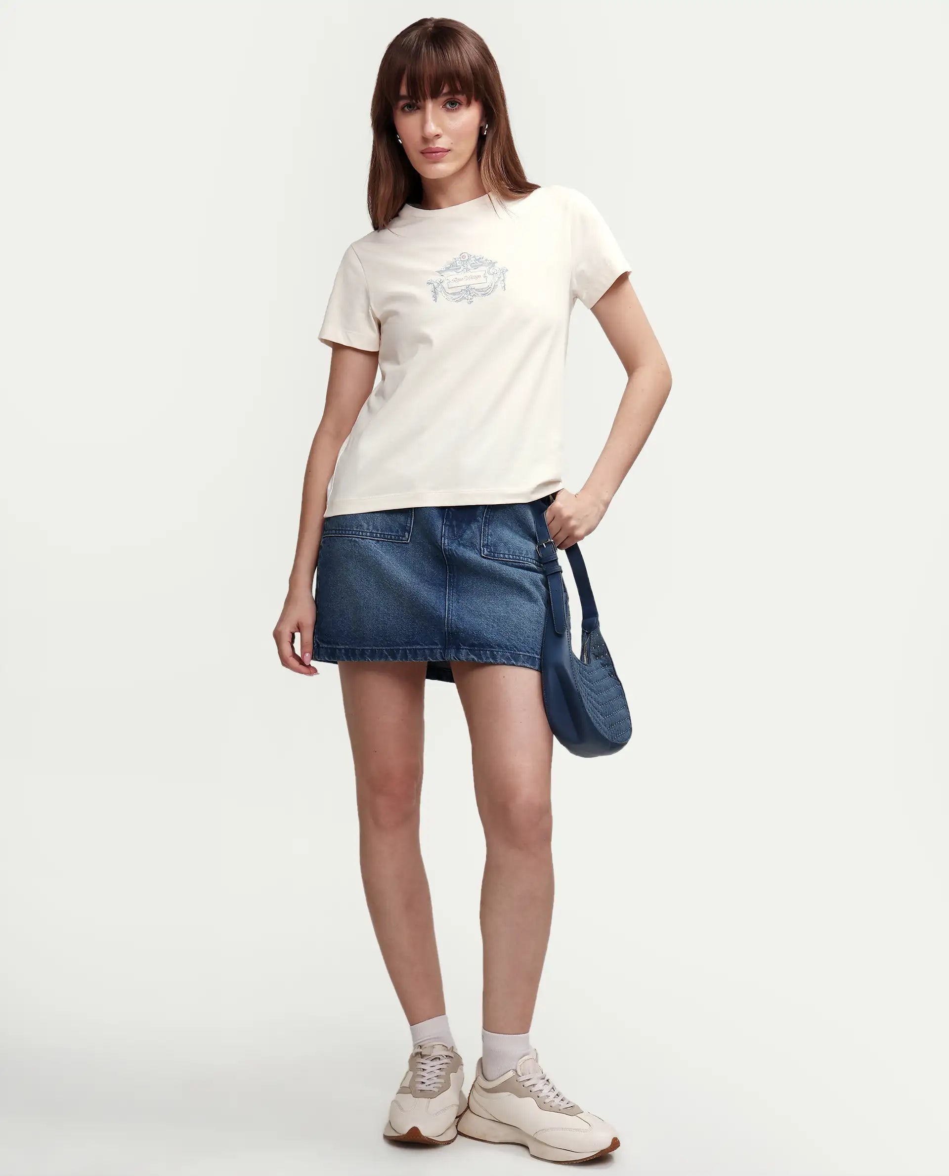 Rareism Women's Zive Off White Cotton Blend Half Sleeve Regular Fit Pigment Print T-Shirt