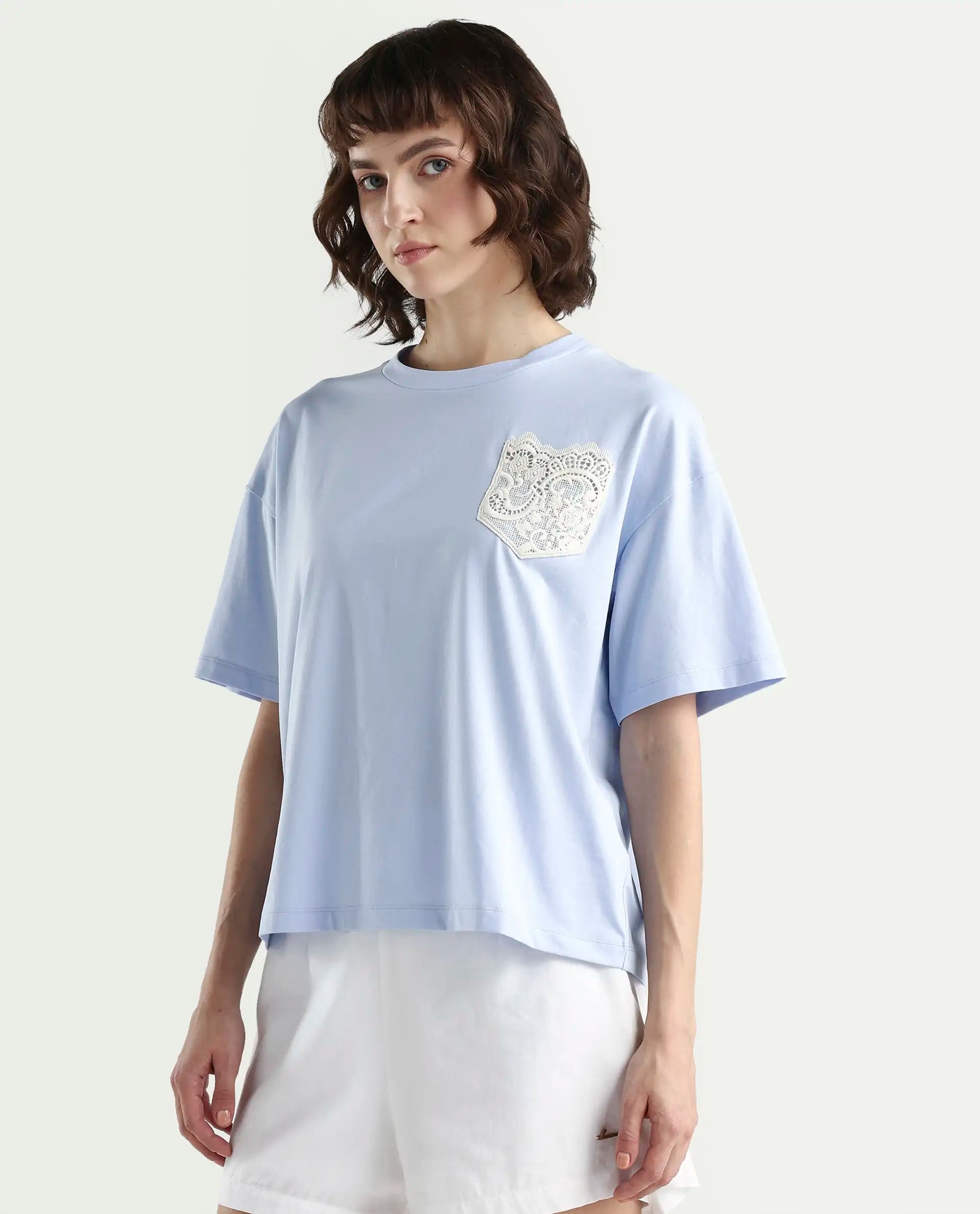 Rareism Women's Zinay Pastel Blue Cotton Blend Half Sleeve Boxy Plain T-Shirt