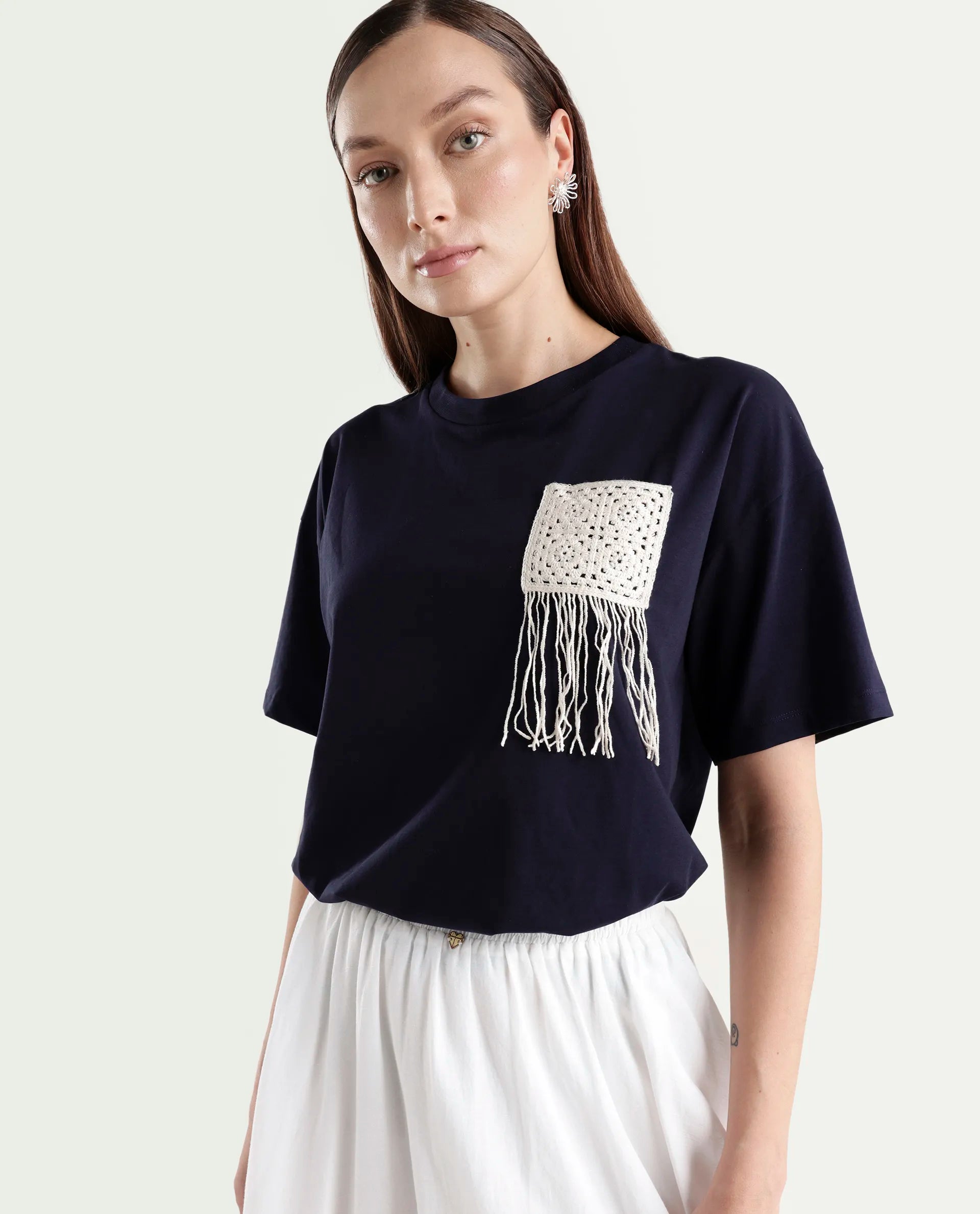 Rareism Women's Zadil Navy Cotton Blend Half Sleeve Boxy Plain T-Shirt