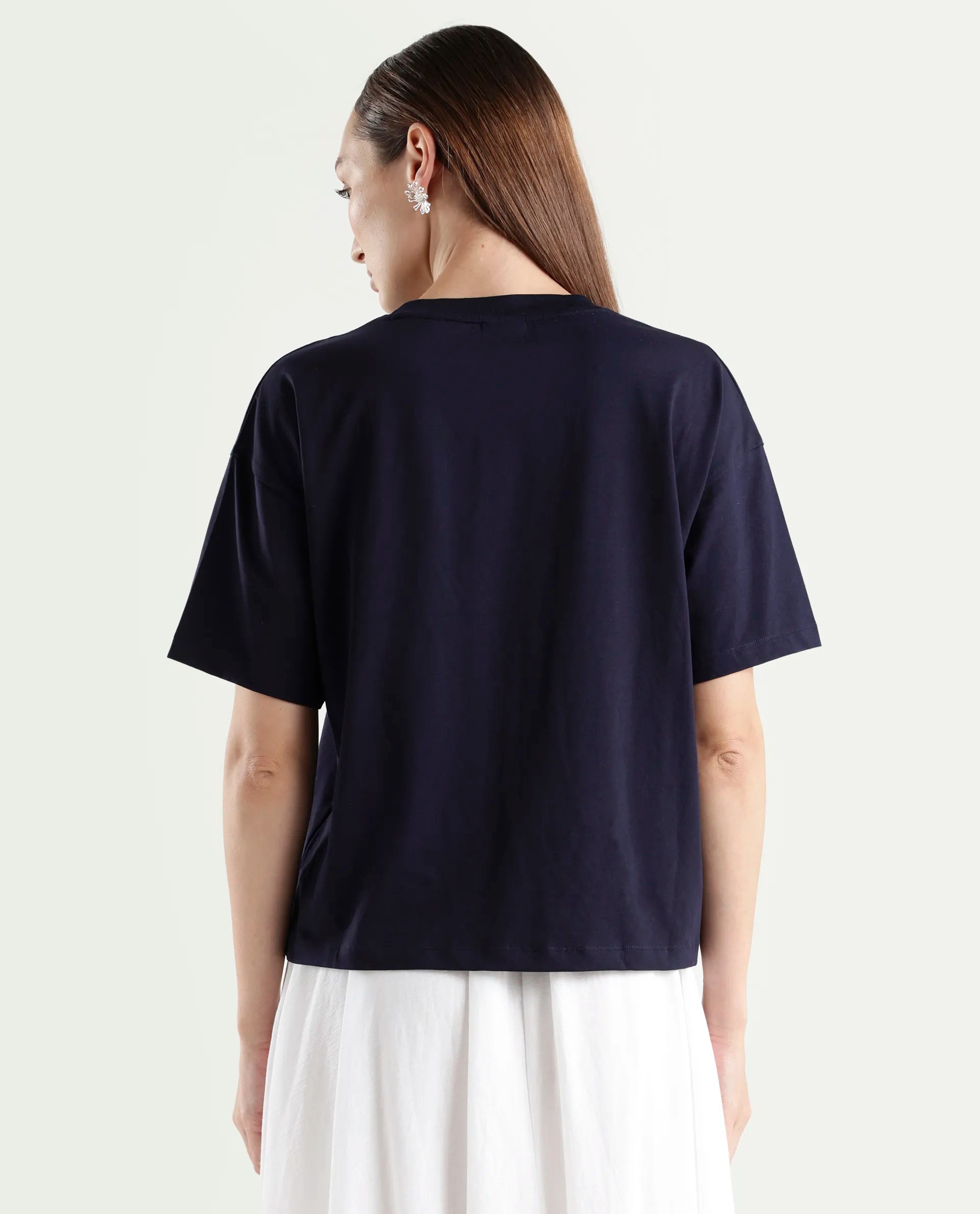 Rareism Women's Zadil Navy Cotton Blend Half Sleeve Boxy Plain T-Shirt