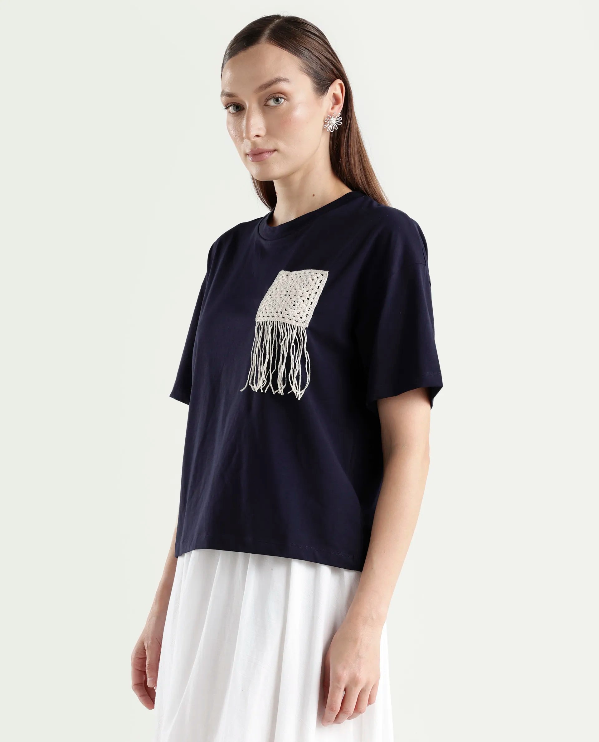 Rareism Women's Zadil Navy Cotton Blend Half Sleeve Boxy Plain T-Shirt