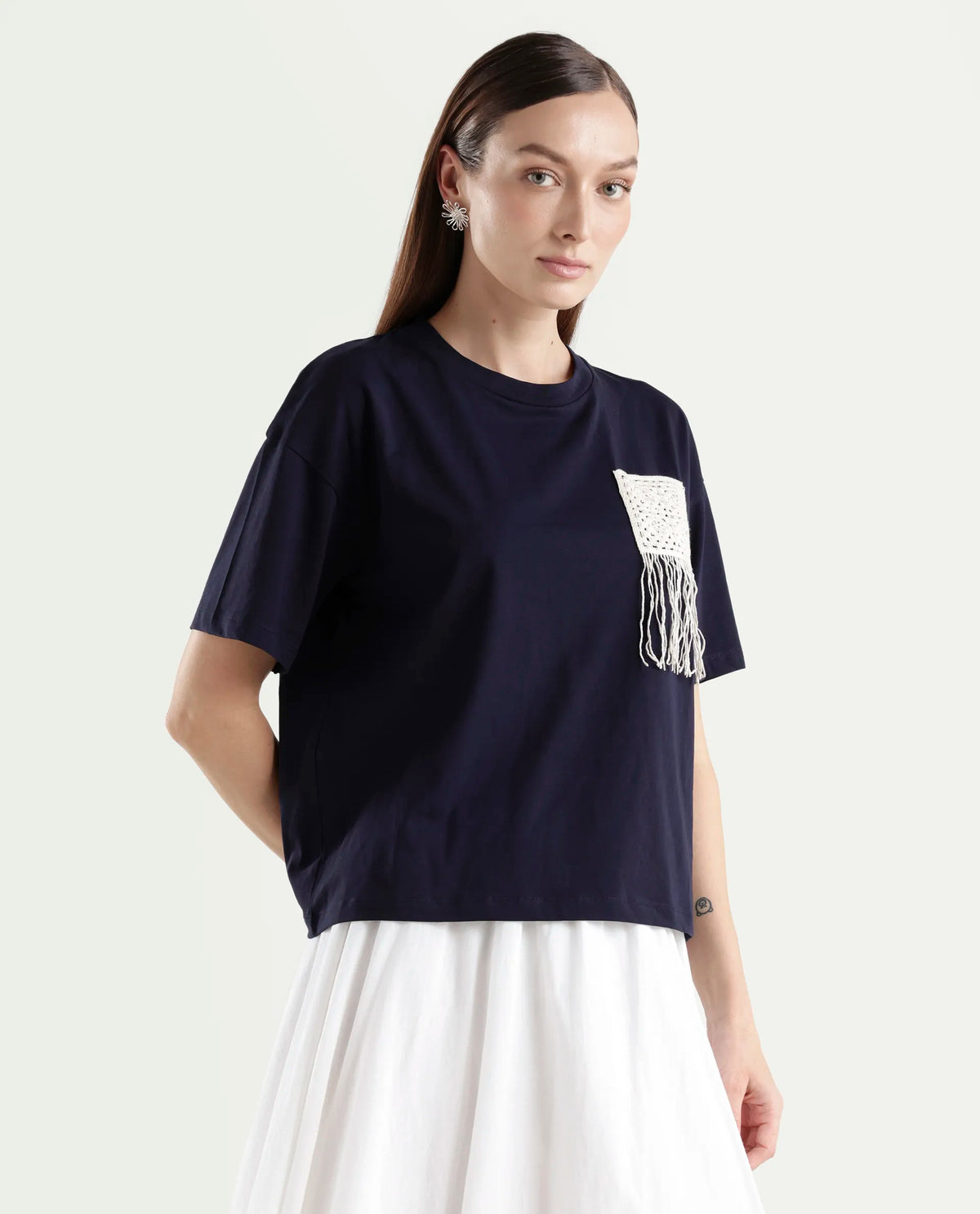 Rareism Women's Zadil Navy Cotton Blend Half Sleeve Boxy Plain T-Shirt